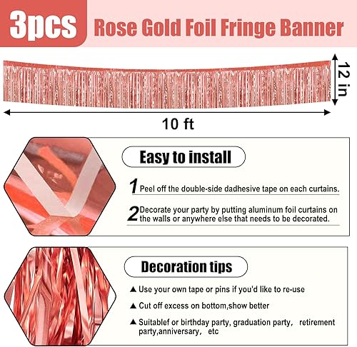 Miniatura 2 de Paquete de 3 guirnaldas de flecos metálicos de color oro rosa de 10 pies para colgar en la pared, despedida de soltera, fiesta de Navidad,