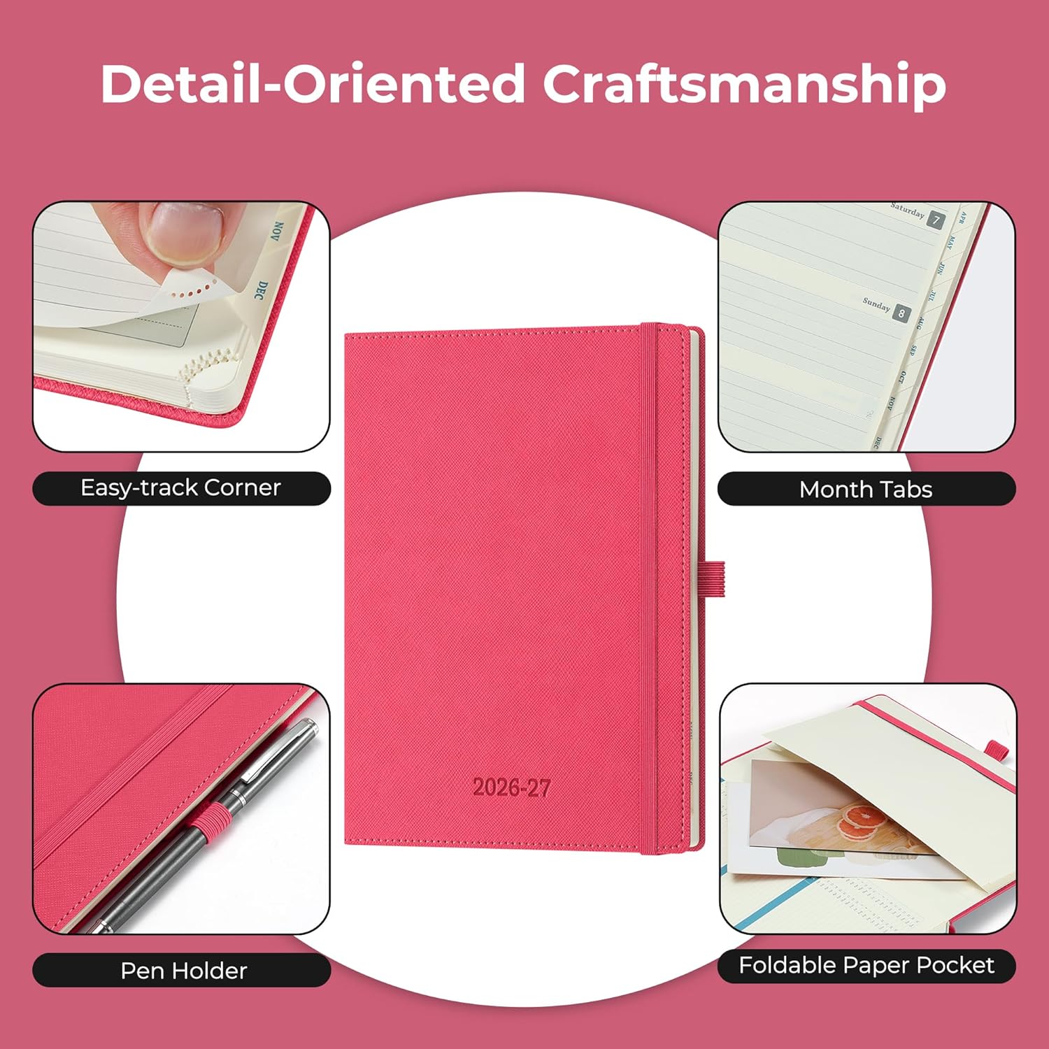 Weekly Monthly 2026-2027 Planner (July 26-Dec 27),8.5"x6.5",18 Months Agenda Plan with Month Tabs & Pocket,Expenses/Note Pages, Academic Calendar with Vegan Leather Cover,Rose Red