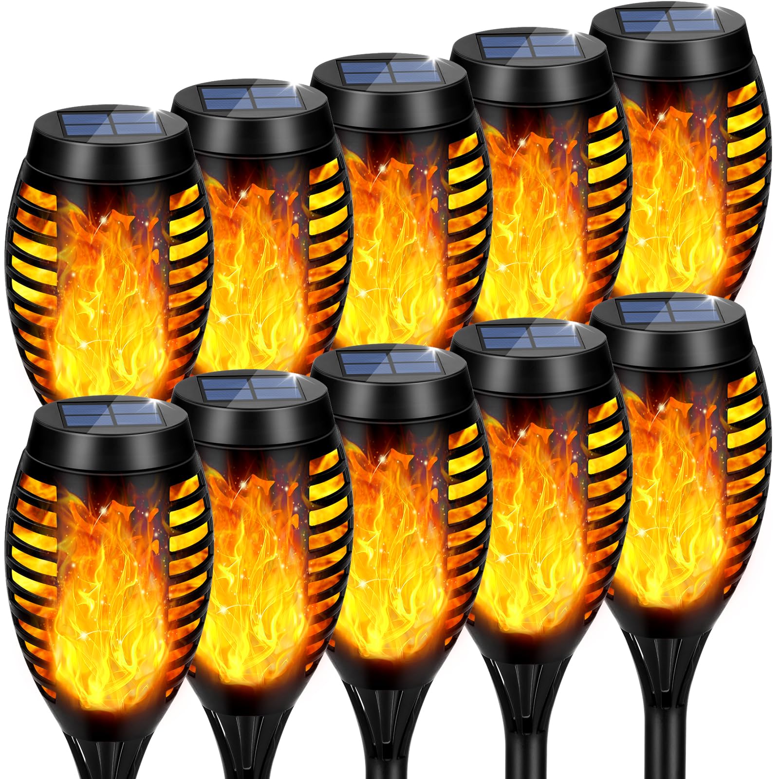 Solarleuchten für den Außenbereich, 10 Stück, Solar-Tiki-Fackeln mit flackernder Flamme, 12 LEDs, Mini-Solar-Gartenleuchten für Terrasse, Hof, Weg, Landschaftsdekorationen, Dämmerung bis