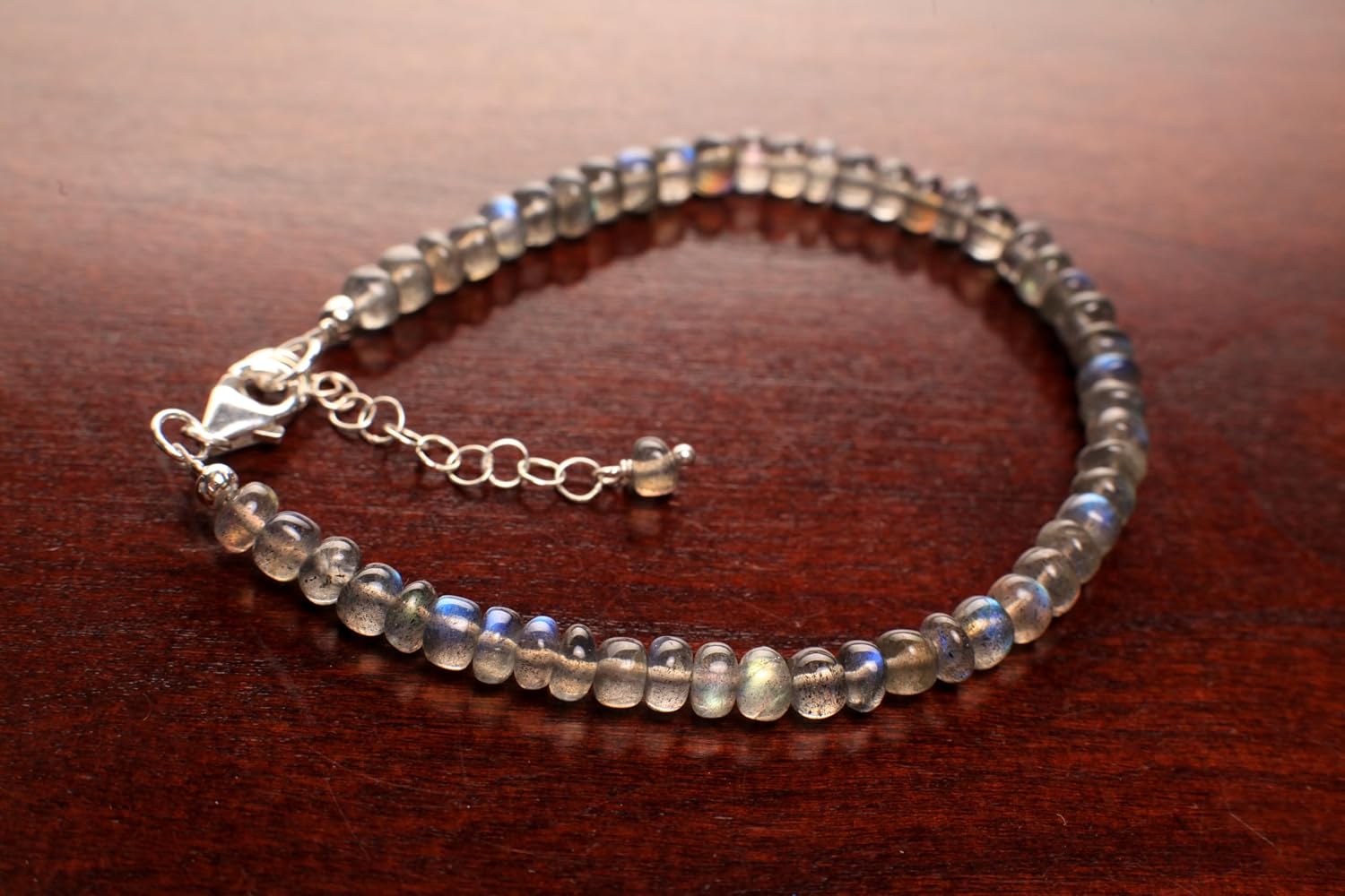 Labradorite smooth roundel 4.5mm blue flashy 925 sterling silver Bracelets, Gift for Man and Woman, Chakra, yoga energy healing gift