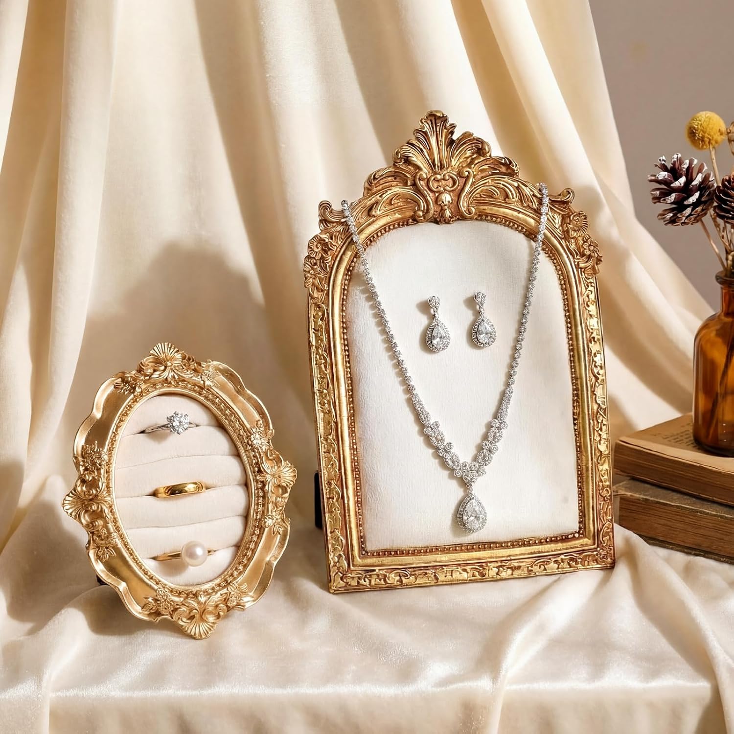 Liliaafar 2 Pcs Vintage Ring Holder Jewelry Display Stand for Vendors Necklace Jewelry Organizer with Velvet Backing for Women Engagement Wedding Anniversary(Charming,White)