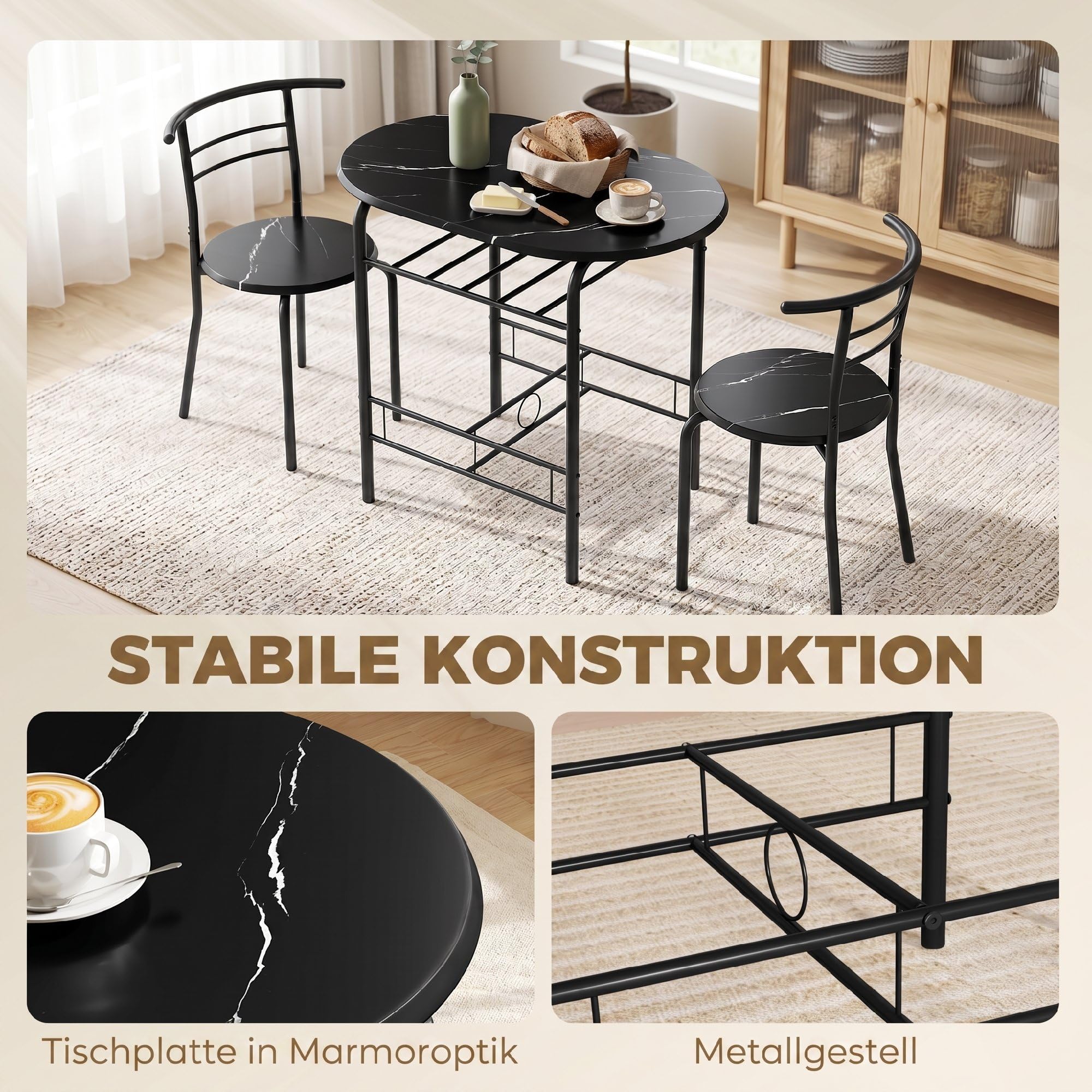 HOMCOM 3-Teilige Essgruppe für Kleine Räume Metallgestell Schwarz
