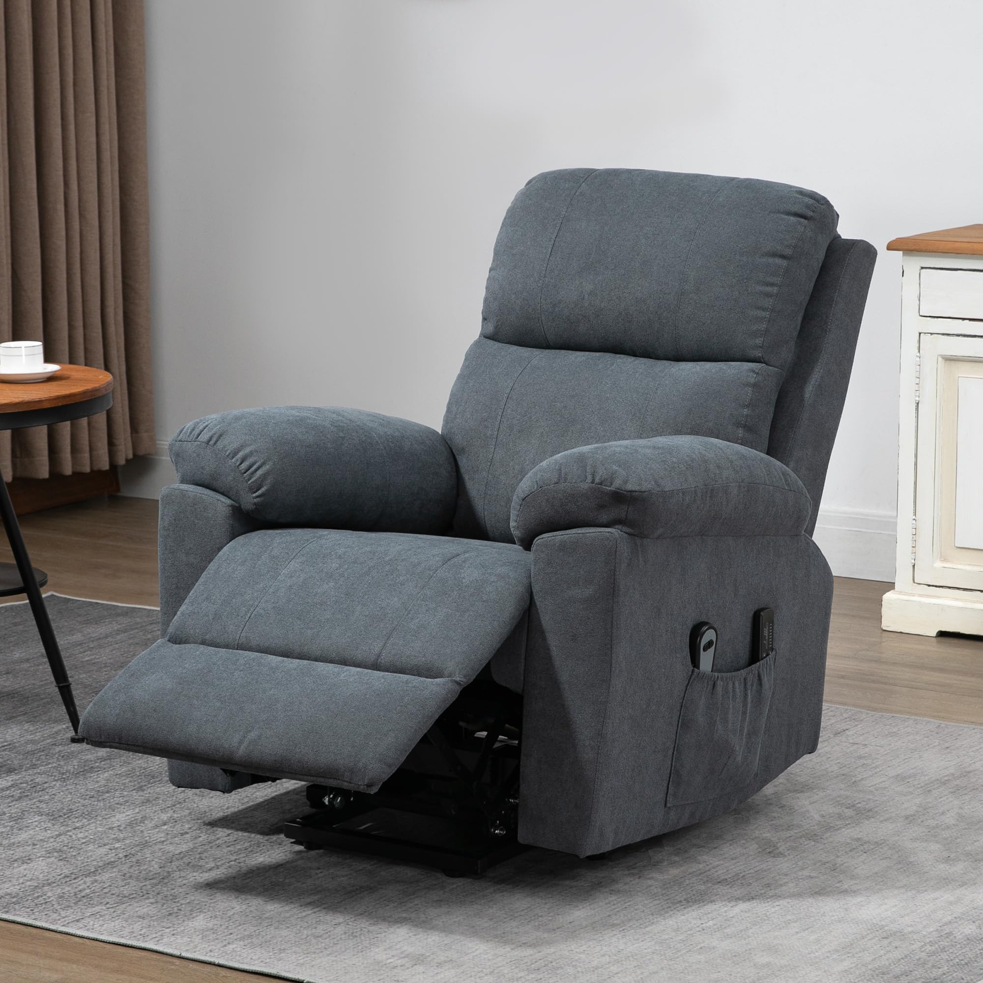 HOMCOM Poltrona Elettrica Alzapersona Reclinabile 135°, Poltrona Relax Elettrica in Tessuto Effetto Lino con 8 Punti Massaggio, Telecomandi, Poggiapiedi, 2 Tasche Laterali per Soggiorno, Grigio