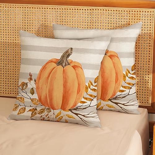 Miniatura 10 de Juego de 2 fundas de almohada de otoño de 16 x 16 pulgadas, ramas de hojas de calabaza y rayas, decoración de otoño, de lino, para Acción de
