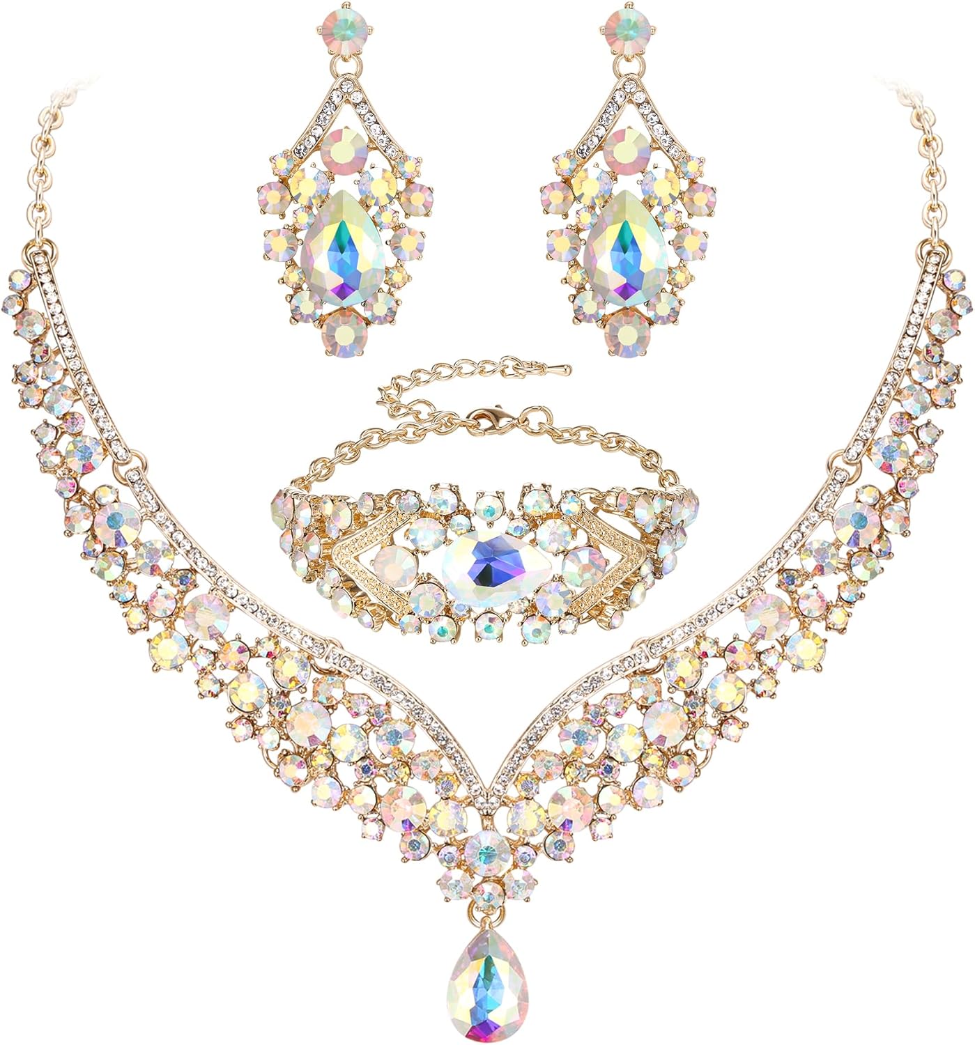 EVER FAITH Wedding Jewelry for Bride Austrian Crystal Elegant V-Shaped Statement Teardrop Necklace Earrings Bracelet Set