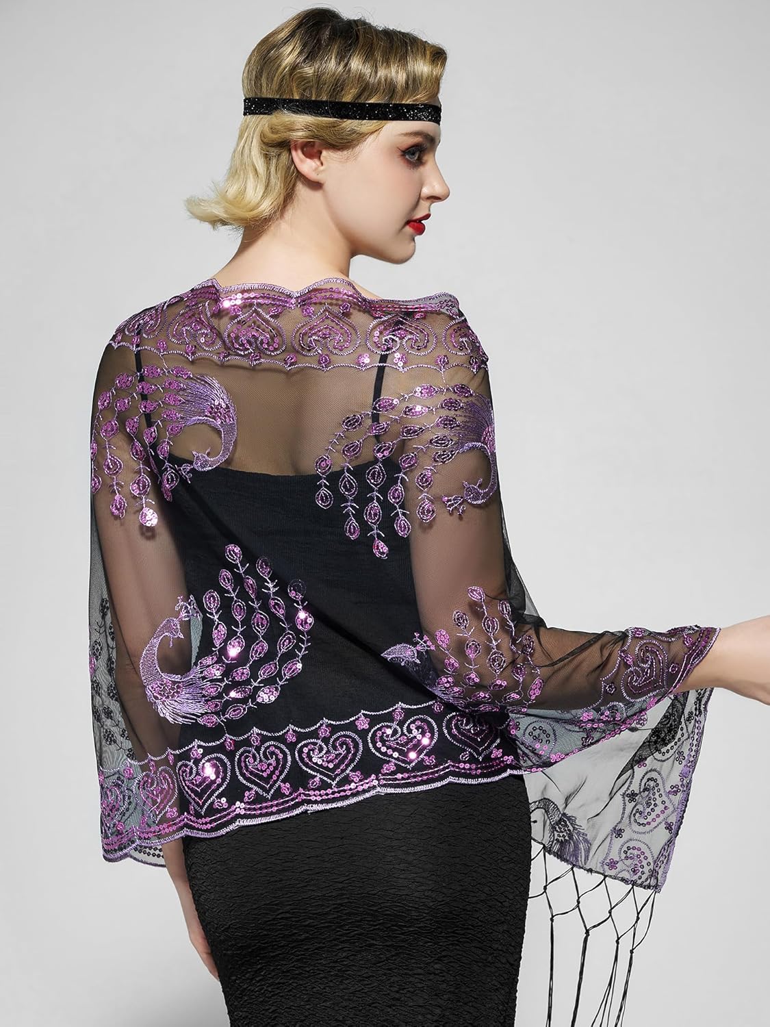 SWEETV Women's 1920s Long Shawl Wraps,Sequin Flapper Evening Shawls for women formal/Party/Wedding/Formal/Harlem night - Image 3