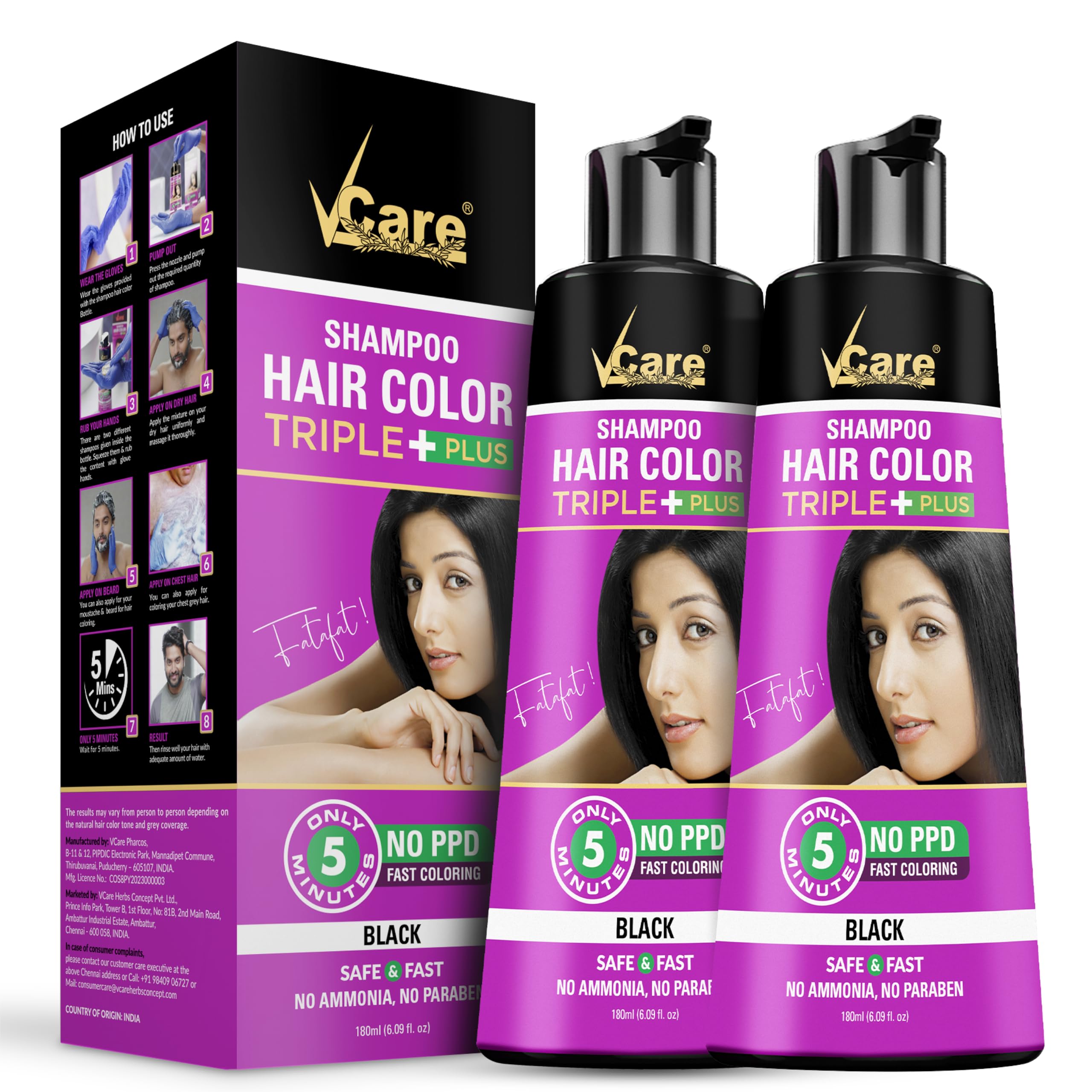 VCare Shampoo Hair Color, Black, 180ml (Pack Of 2)