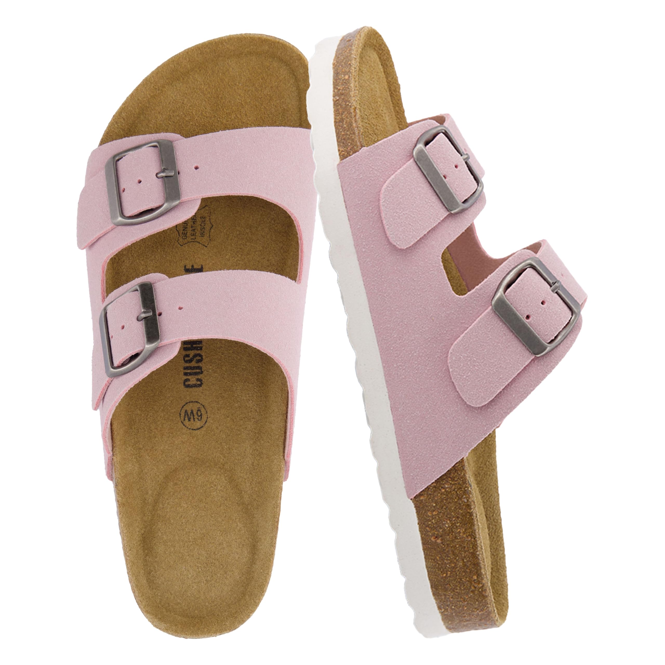 CUSHIONAIRE Lane Cork Footbed Sandals for Women – Comfortable Double Buckle Slip-On with Genuine Suede Footbed & Arch Support Slides for Women Footwear
