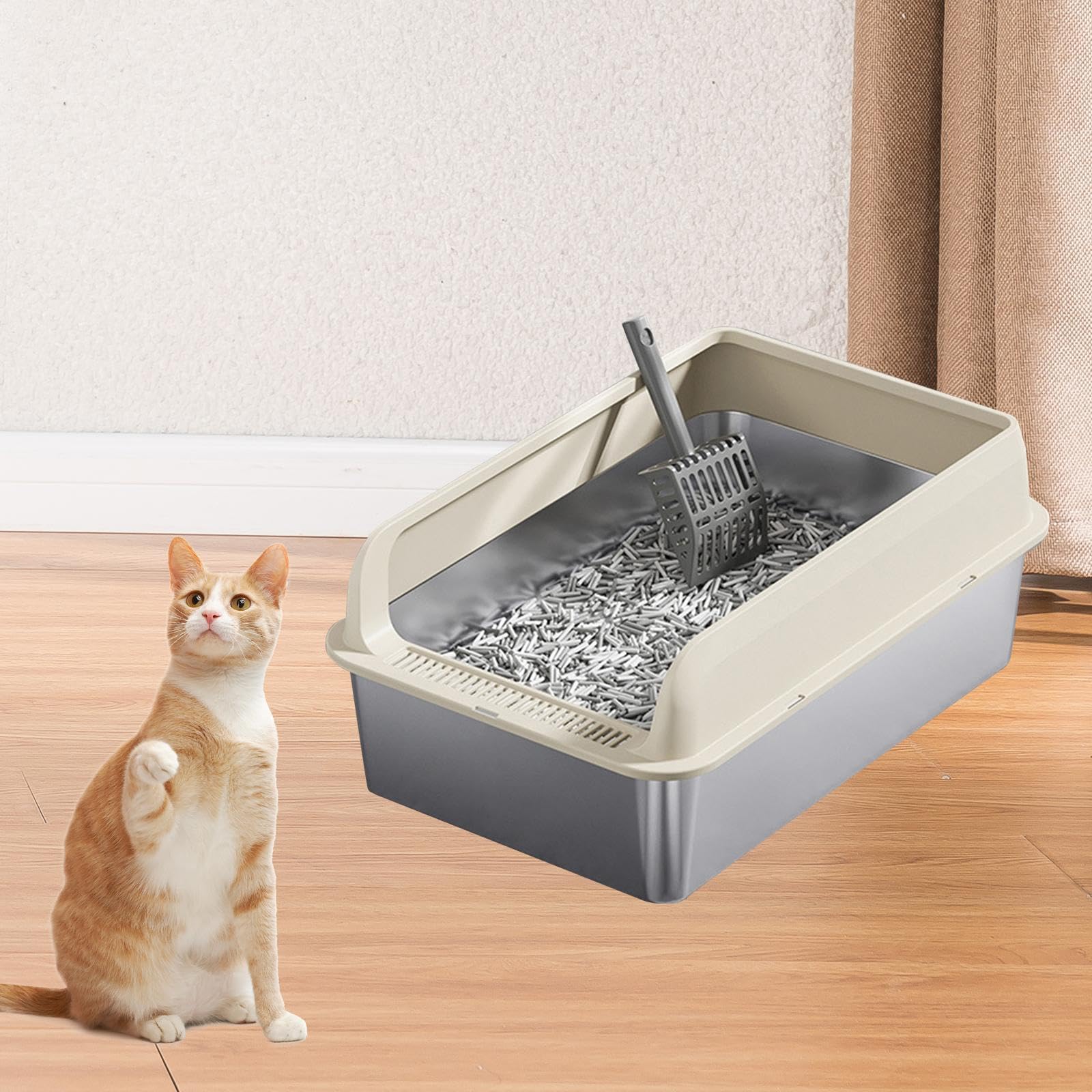 3 Pezzi Lettiera per Gatti Cassetta Vassoio per Animali Toilette Aperta Robusta in Acciaio con Ingresso Basso E Maniglie Adatto per Gattini, Cachi e L