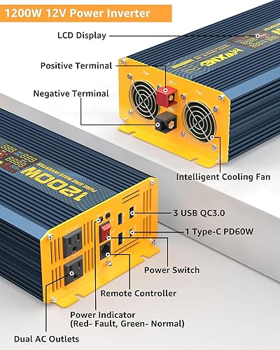 Miniatura 2 de Inversor de corriente de onda sinusoidal pura de 1200 vatios, convertidor de CC de 12 V a 110 V CA con dos salidas de CA, puertos USB de carga