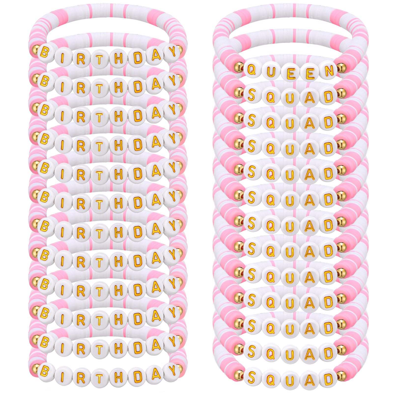 Quelay 24 Pack Birthday Party Polymer Clay Letter Beaded Stretch Bracelet Birthday Squad Gold Heart Beaded Bracelet Gradient Color for 20th 30th 40th