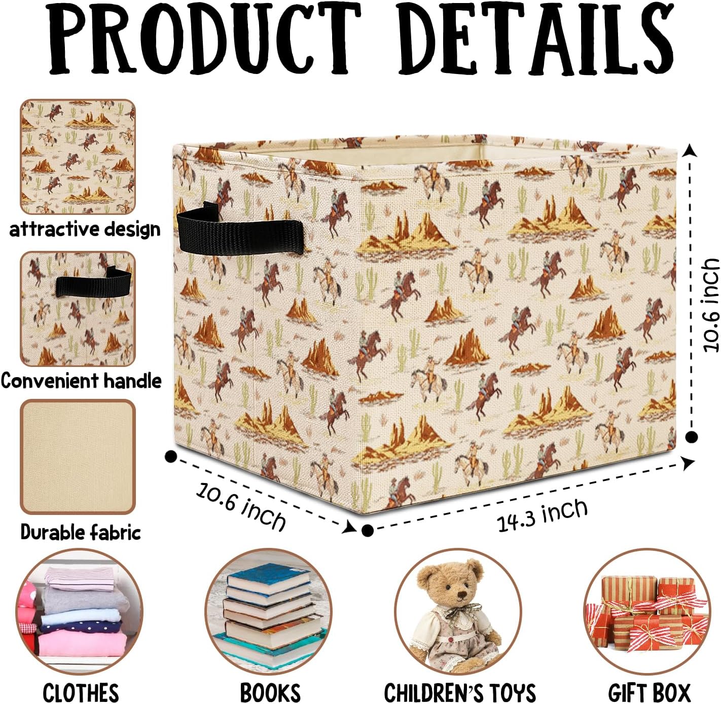 Western Rodeo Cowboy Storage Bins Box with Handles, Vintage Rustic Southwestern Cactus Desert Laundry Basket Hamper Collapsible Clothes Toys Organizer for Bedroom Bathroom Home