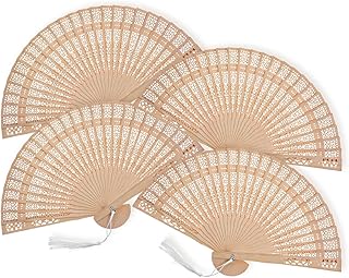 Grevosea Bamboo Folding Fan Set, 4 Pcs Handheld Fans with Sandalwood and Silk, Vintage Wooden Fan for Weddings Parties and DIY Decorations, Chinese and Japanese Style Fans for Cooling and Decor