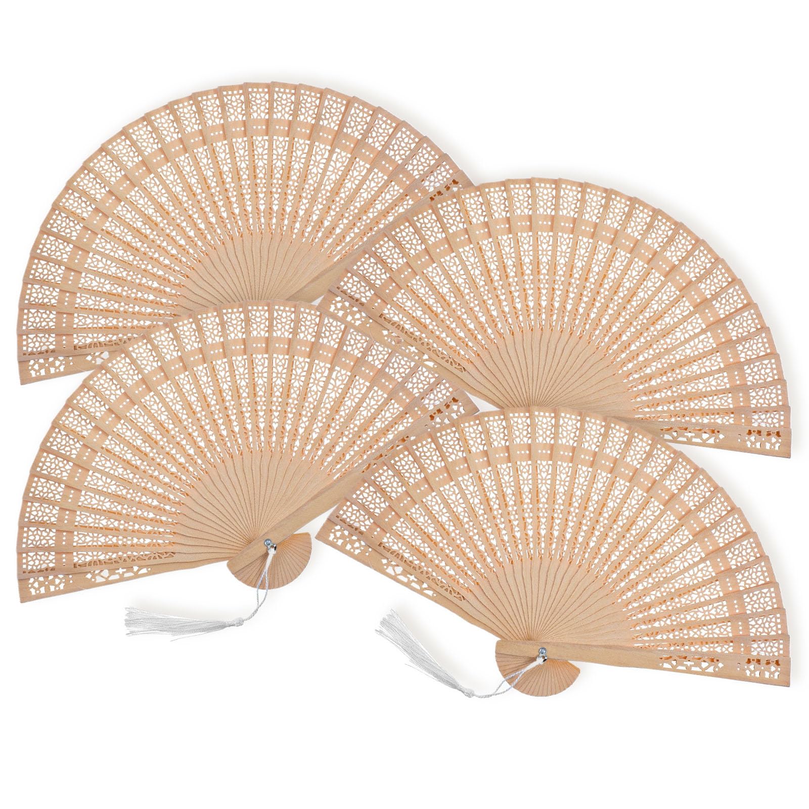 Grevosea Bamboo Folding Fan Set, 4 Pcs Handheld Fans with Sandalwood and Silk, Vintage Wooden Fan for Weddings Parties and DIY Decorations, Chinese and Japanese Style Fans for Cooling and Decor