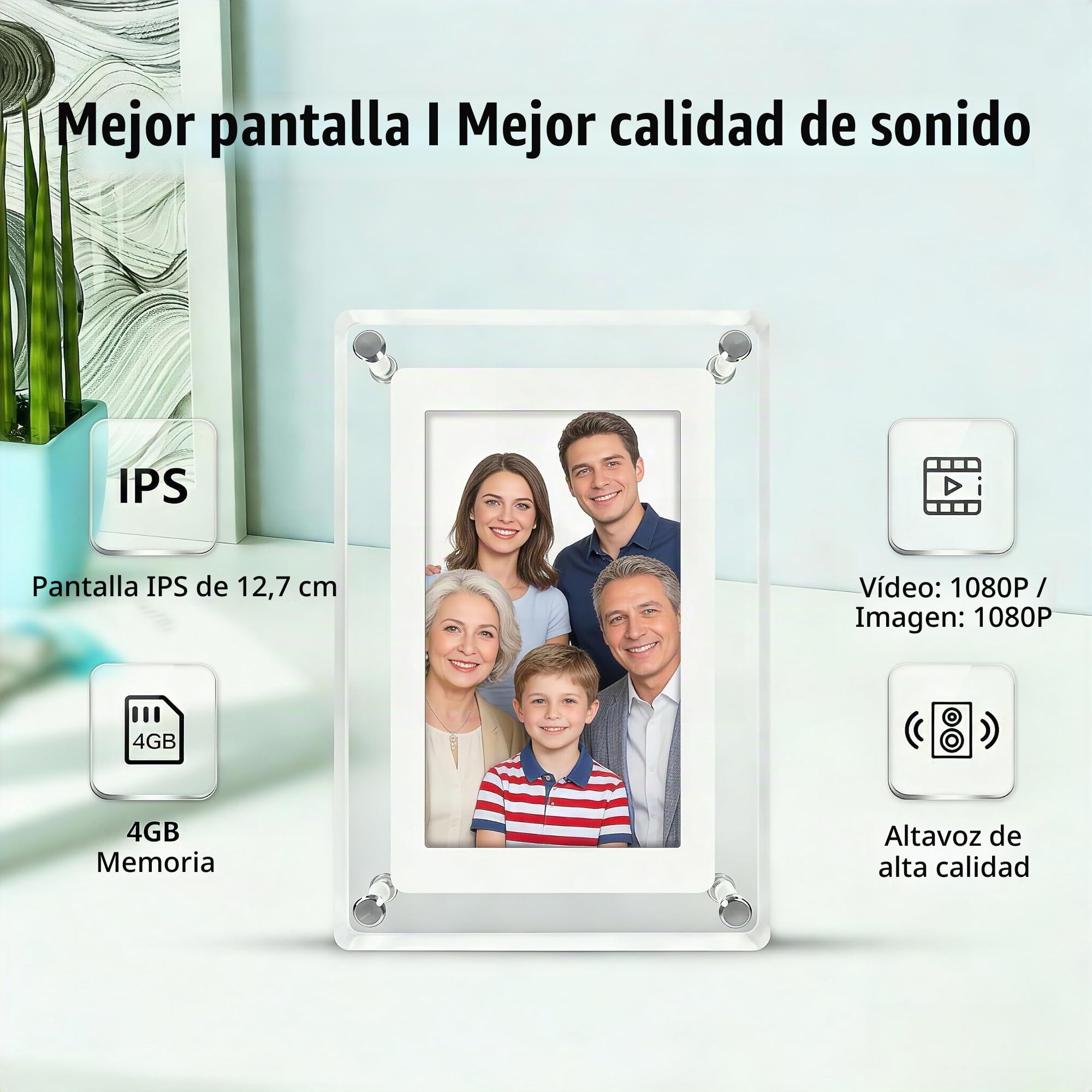 Marco de fotos digital acrílico de 5 pulgadas, memoria 4G, marco de fotos electrónico, rotación automática de 360°, USB-C, marco digital y marco de imagen digital.