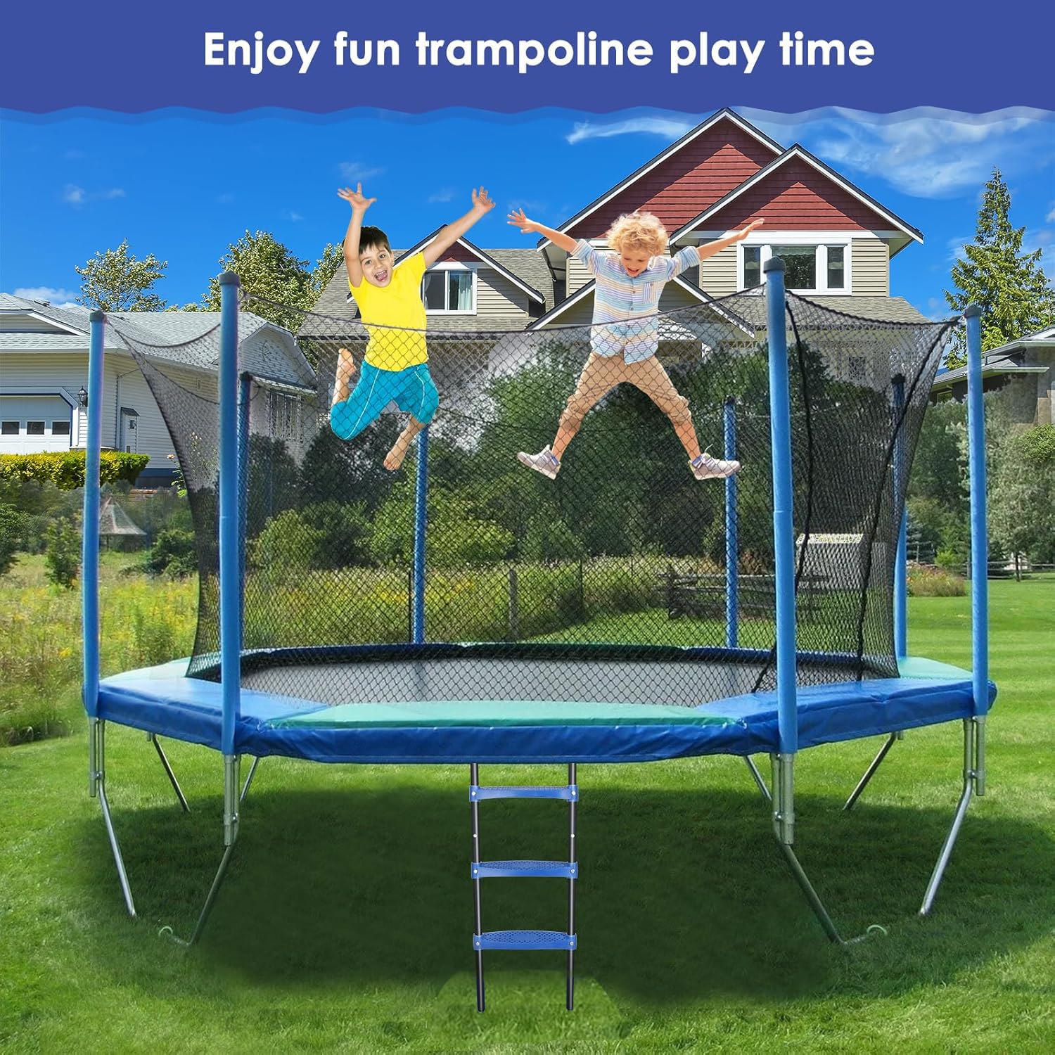 Trampolin Leiter, 107 cm lang, 3-stufige Trampolinleiter, Trampolin zubehör, flexibel montierbar UV-beständig rutschfeste Sicherheitsleiter (3 Stufen, Blau)