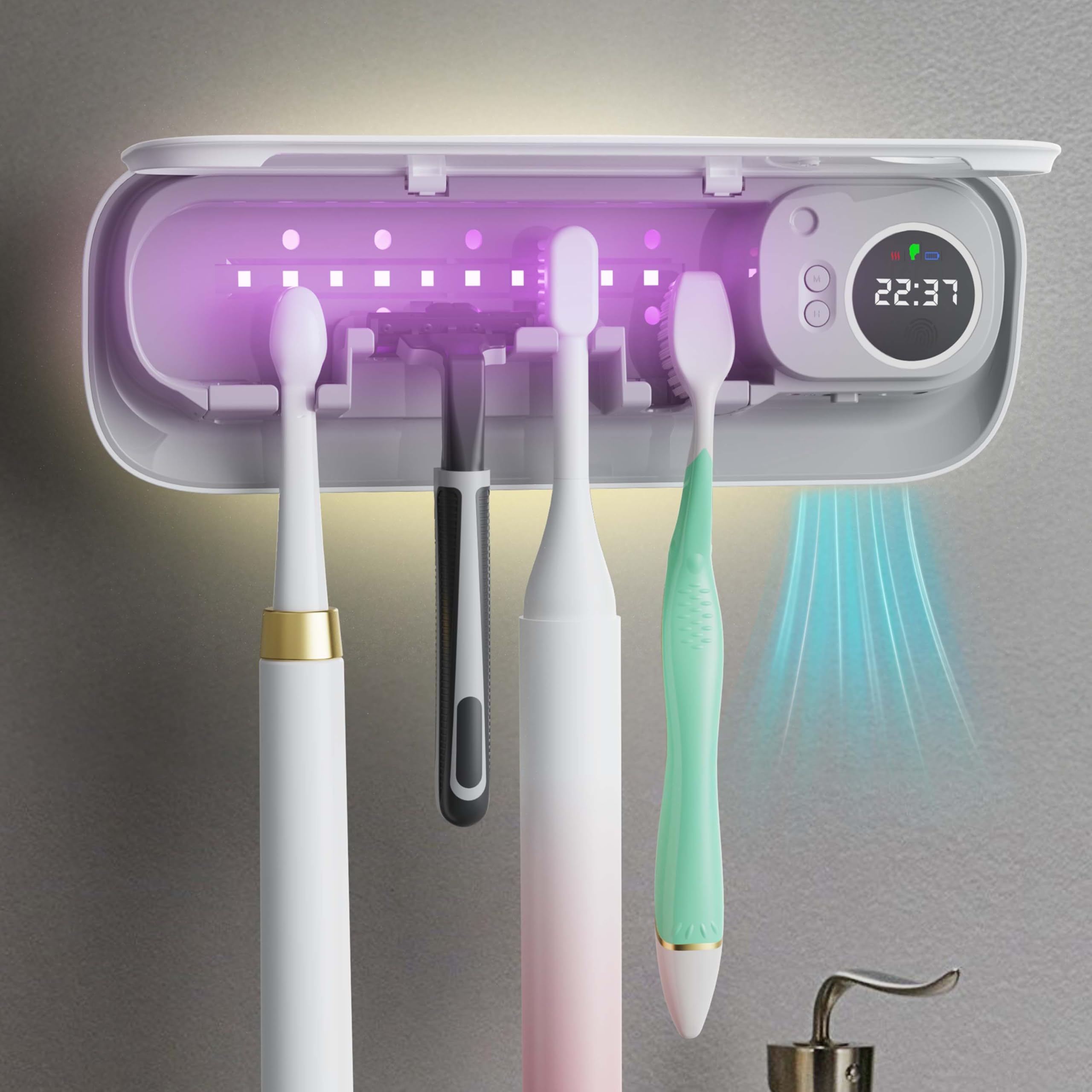 BlueBark Soporte de cepillo de dientes UV para baños, soporte de secado al aire, accesorios de baño para el hogar inteligente, función de temporizador y 5 ranuras para cepillos de dientes, soporte