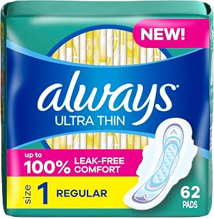 Always Ultra Thin Pads with Wings Size 1 Regular 62 Ct - Gush-Ready Leak-Free Comfort for Light Flow