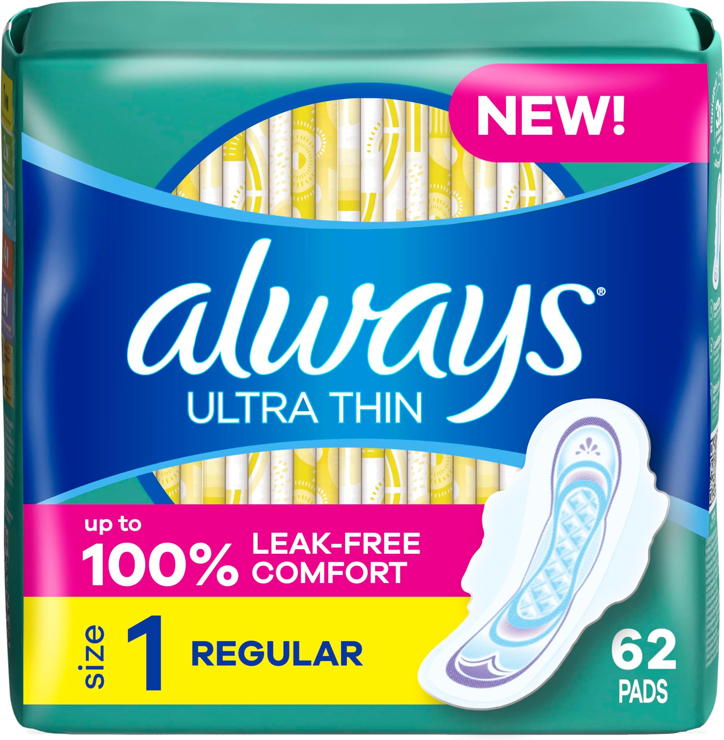 Always Ultra Thin Pads with Wings, Size 1, Regular, 62 Count