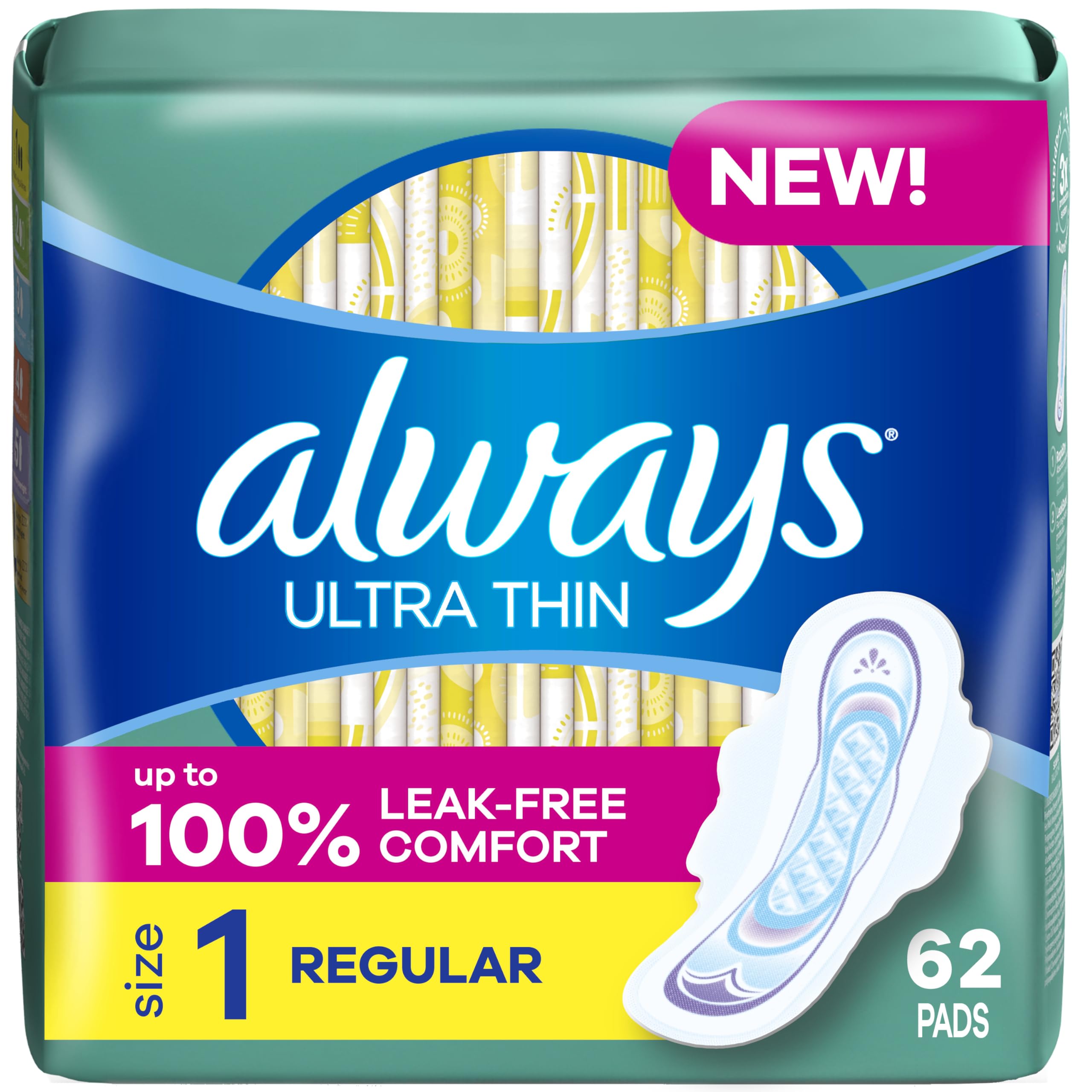 Always Ultra Thin Pads Size 1 Regular Absorbency Unscented With Wings, 62Count
