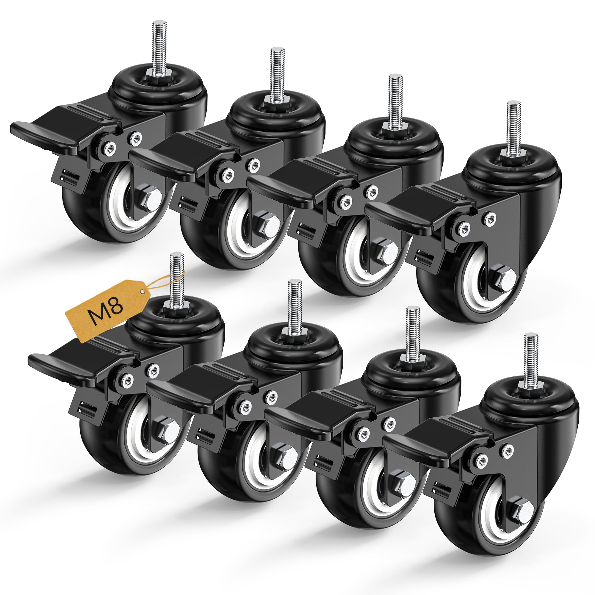 HOLKIE Kółka skrętne 50 mm, kółka meblowe z całkowitym blokowaniem, rolki transportowe, M8 x 1,25 x 25 mm (średnica trzpienia 8 mm, długość trzpienia 25 mm), kółka do mebli, zestaw 8 kółek do dużych