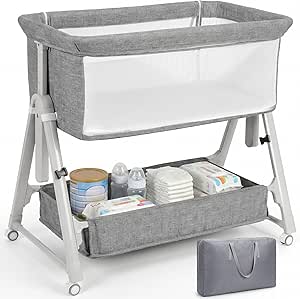 Cowiewie Baby Bassinet Bedside Crib, 3-in-1 Portable with Mattress, Wheels, Storage, Travel Bag, Breathable Mesh, Light Grey