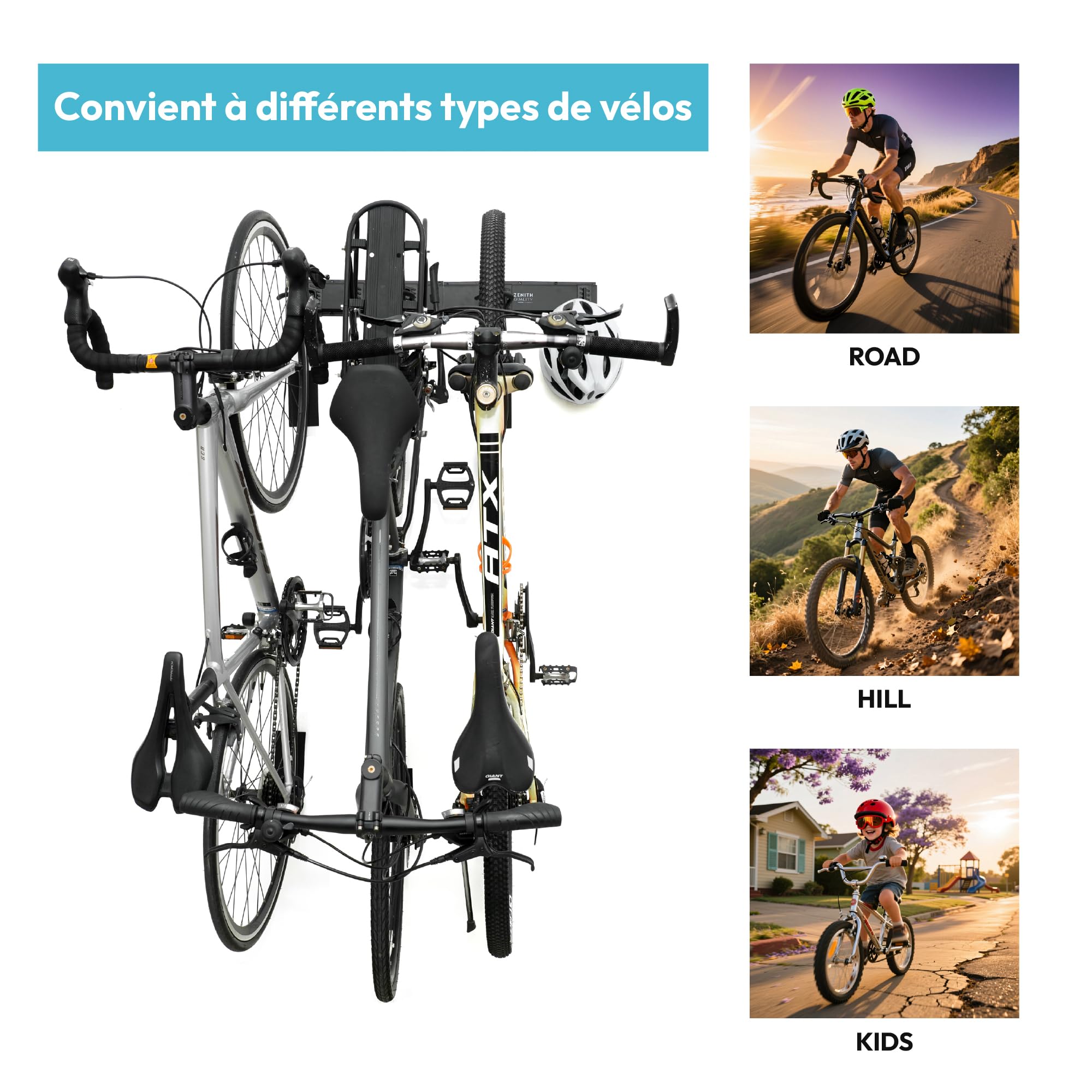 ZQ - Support vélo mural et porte vélo mural | Crochet vélo mural avec 4 supports pour vélos, 3 pour casques, capacité 136 kg | Inclut des protections adhésives