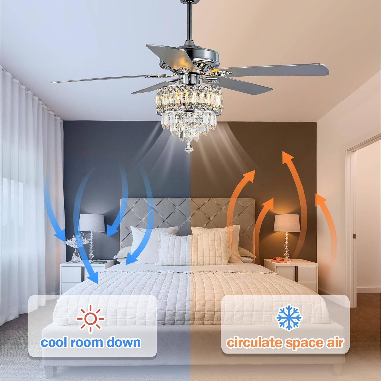 52 Inch Modern Ceiling Fans with Lights Reversible Silent DC Motor 6 Speed Timing Options Silver Chandelier Ceiling Fan for Bedroom Dining Room