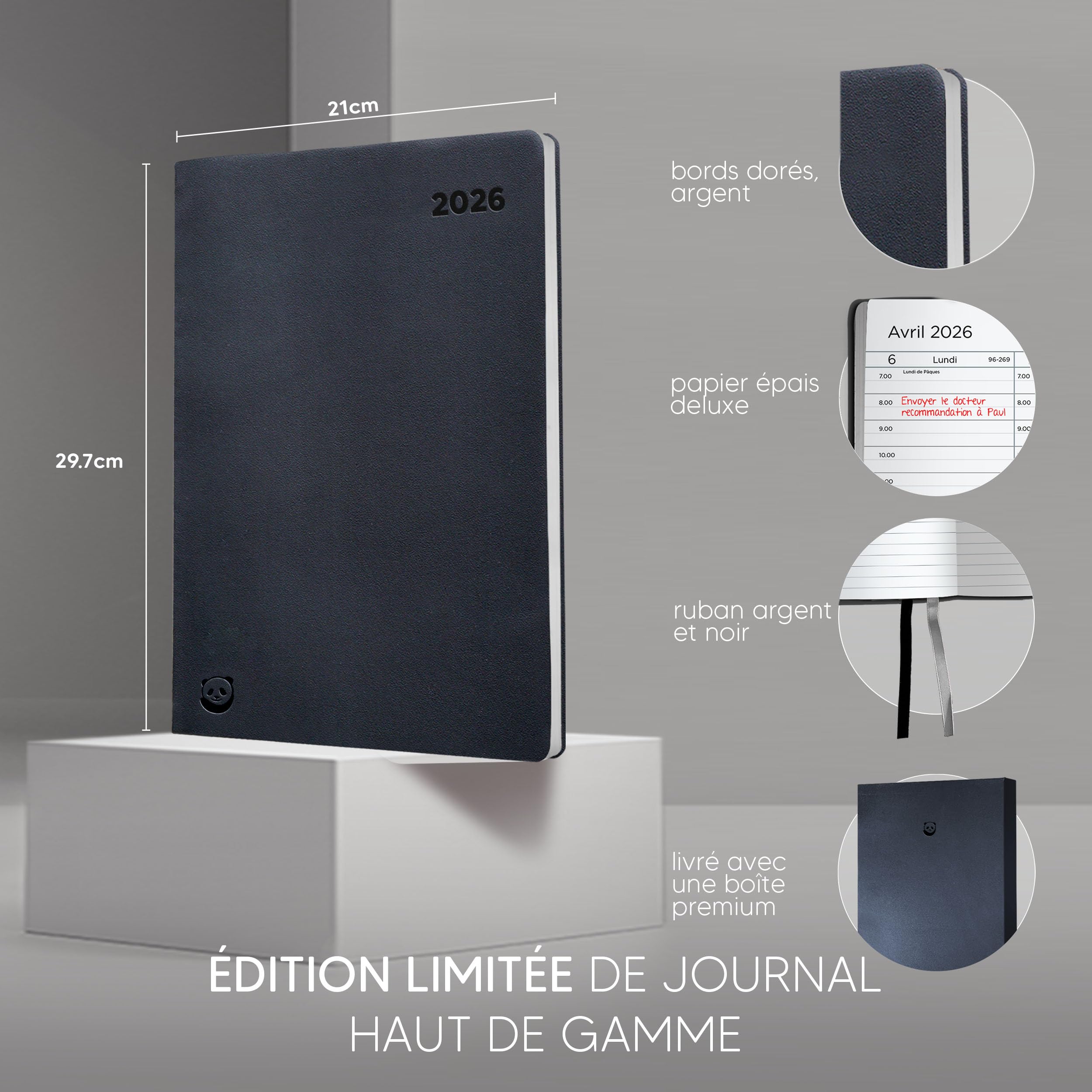 Agenda Semainier Premium 2026 par Smart Panda – A4, Couverture Souple, Argent – Intervalles de 30 minutes avec Boîte Cadeau – Calendrier Annuel, Novembre 2025 - Décembre 2026 – en Français