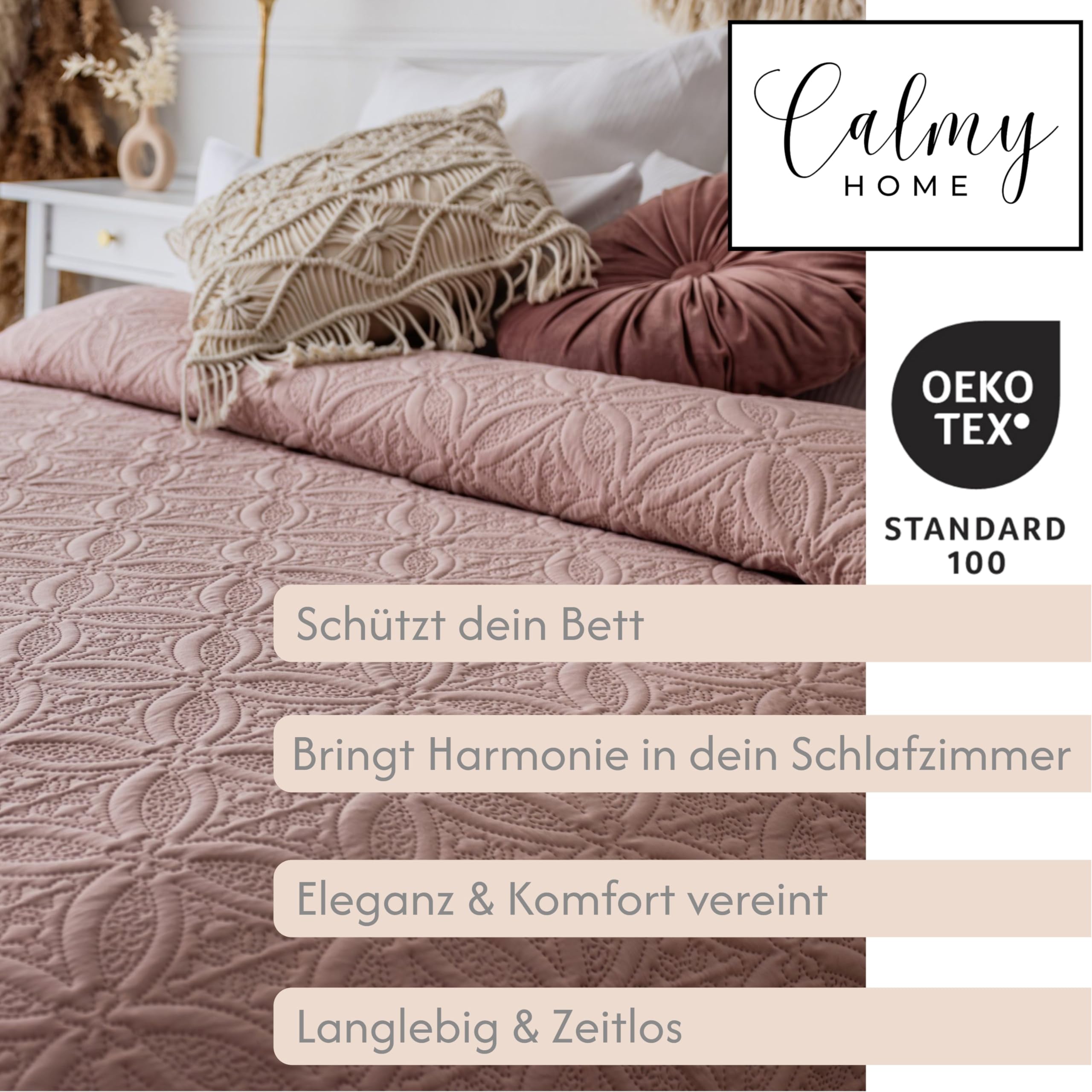 Tagesdecke Bett Bettüberwurf Überwurf Ornamente 220x240cm Sofaüberwurf Steppdecke Sofa Decke Überwurfdecke Tages Decken Betthusse XXL Überdecke Gesteppte Tagesdecken (Altrosa)