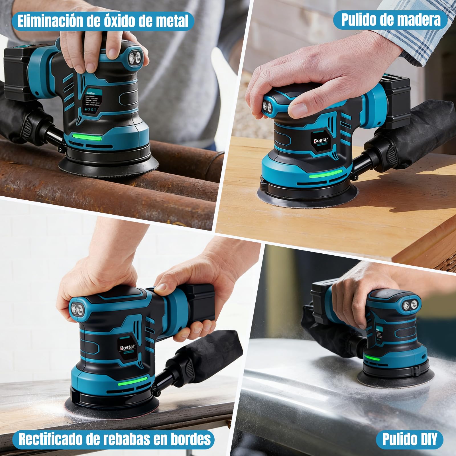 Bostar Lijadora Excéntrica de Batería 18V, Motor Sin Escobillas Ø 125mm, Set con 2x Baterías 3.0Ah (BMS), 21.000 OPM, 6 Niveles Digitales, Compatible con Batería Makita 18V LXT, Madera y Pulido Coche