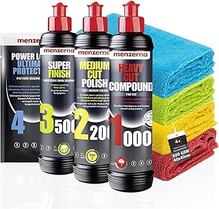 Menzerna Kit de Polissage pour Voiture : Menzerna Heavy Cut Compound 1000 + Medium Cut Compound 2200 + Super Finish 3500 + Power Lock Sachet 20ml + 4X Chiffon Microfibre 40x40cm