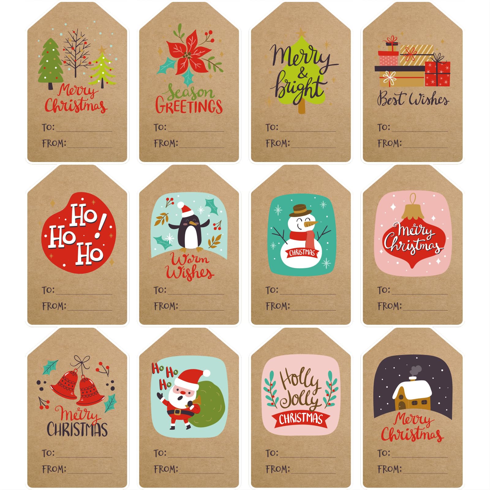 96 Pcs Christmas Gift Tags Stickers, Kraft Self-Adhesive Christmas Name Labels, Holiday Personalised Design Stickers for Gifts Wrap Presents
