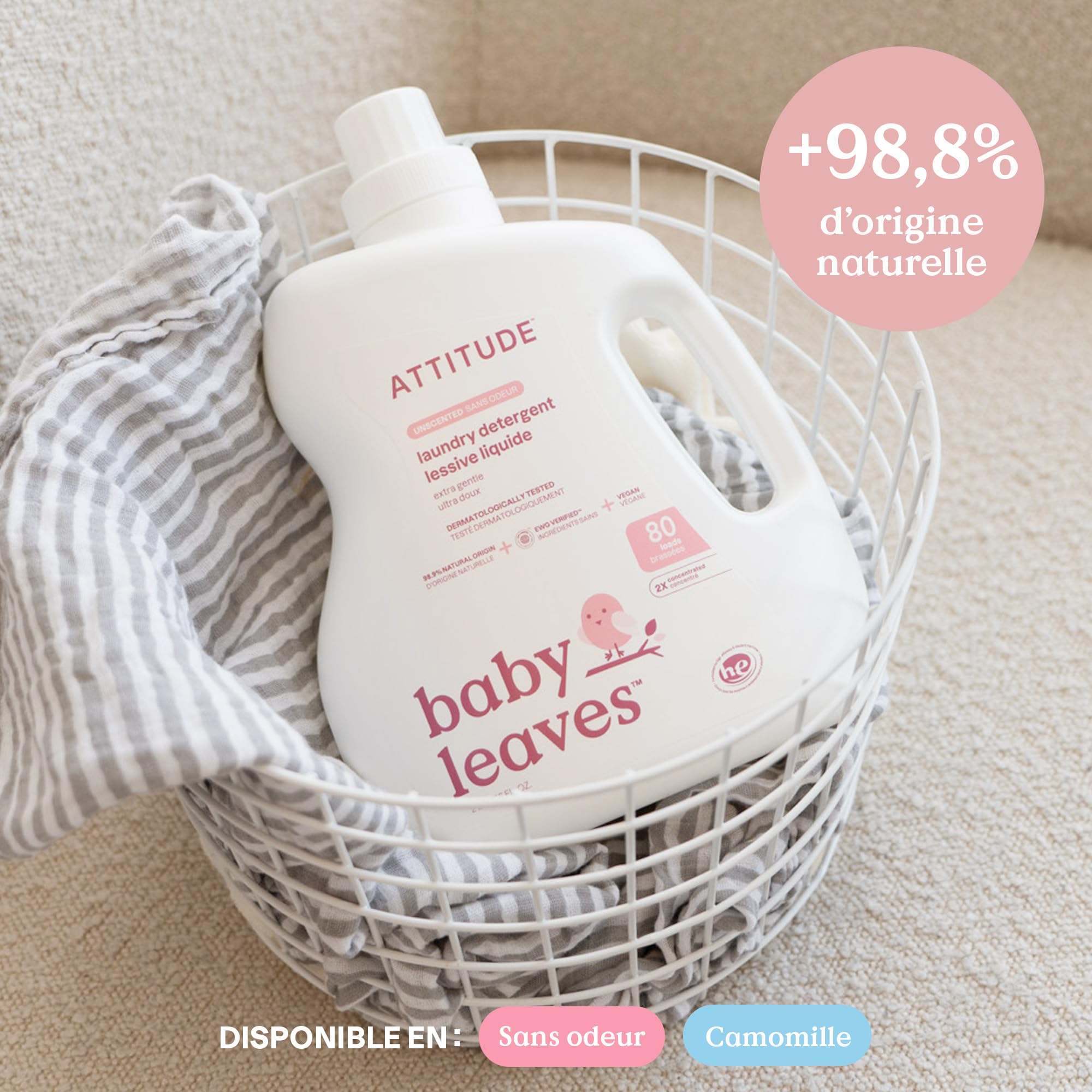 ATTITUDE Lessive Liquide pour Bébé, Certifié EWG Verifié, Vêtements de bébé et Nouveau-Né, Végan, Ingrédients d'Origine Naturels, Sans Parfum, 80 Brassées, 2 Litres