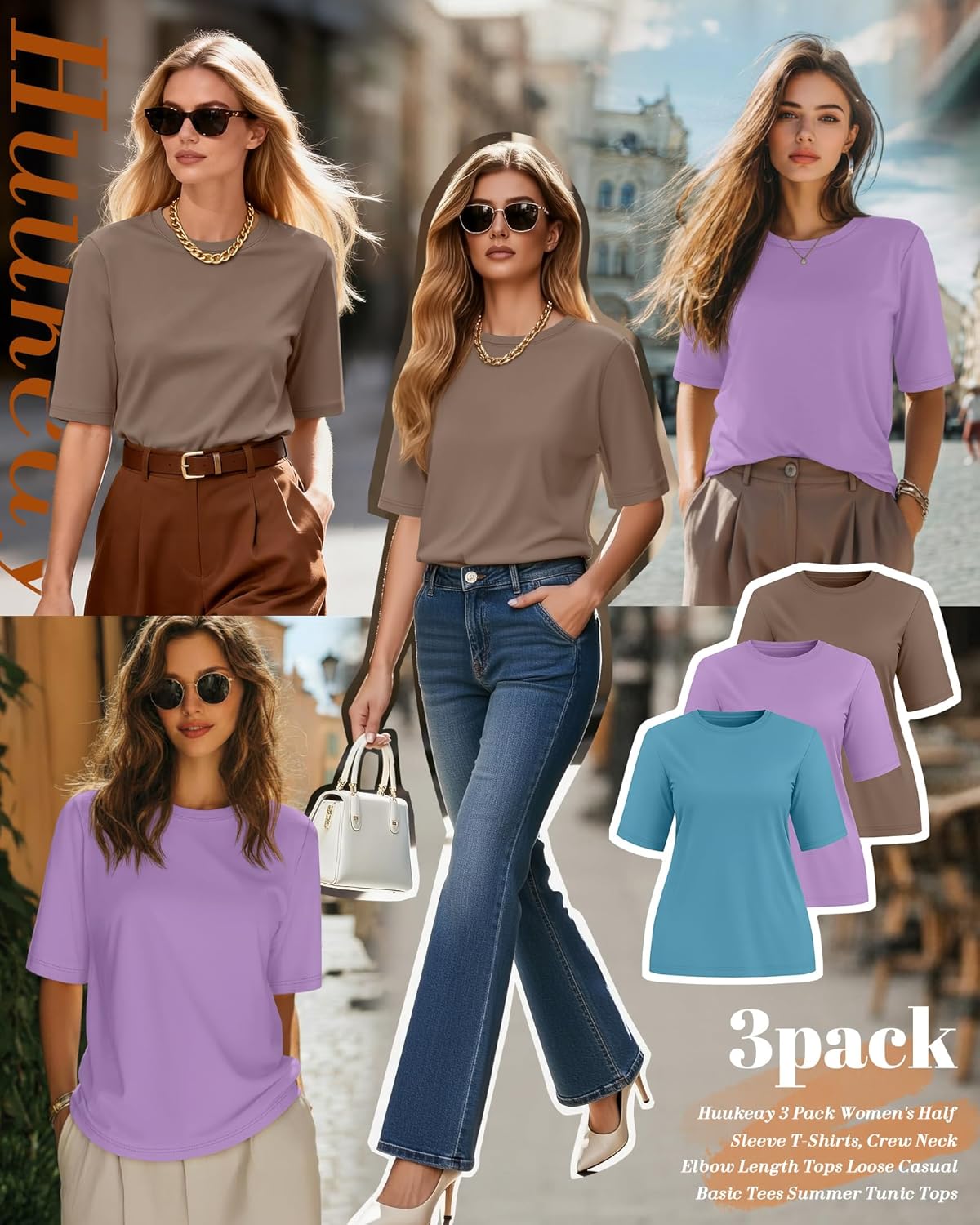 Huukeay 3 Pack Women's Half Sleeve T-Shirts, Crew Neck Elbow Length Tops Loose Casual Basic Tees Summer Tunic Tops - Image 3