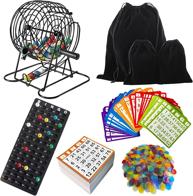 SEETOOOGAMES Deluxe Bingo Game Set - Metal Cage, 50 Bingo Cards, 500 Paper Sheets, 500 Chips, 75 Balls, Plastic Master Board - Great for Large Groups, Family Games Nights Parties (Classic Cage)