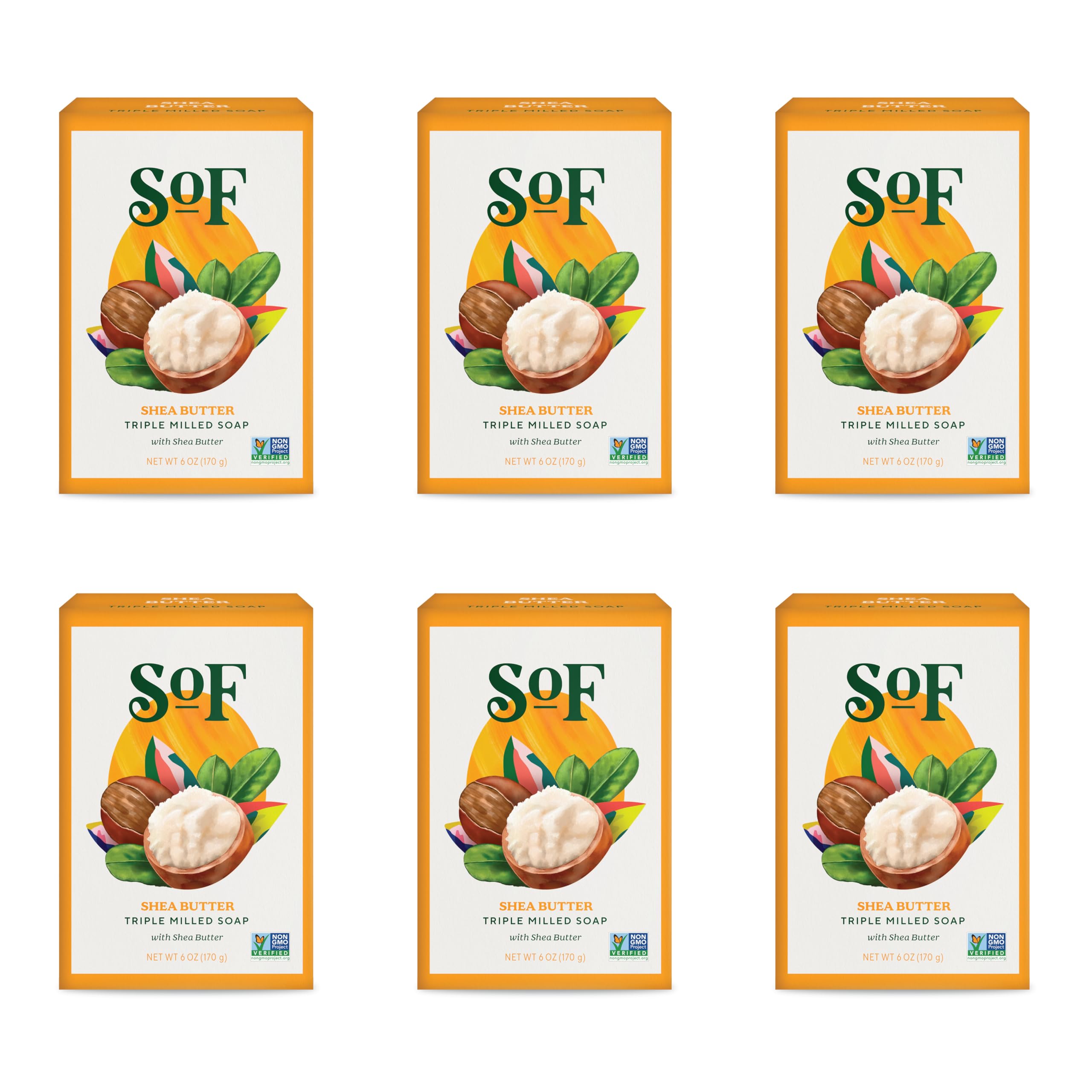 SoF Triple Milled Bar Soap - With Coconut Oil & Organic Shea Butter- Vegan & Non GMO- Free From Phthalates, Sulfates & Parabens- Shea Butter - 6 oz Bar 6 Bars