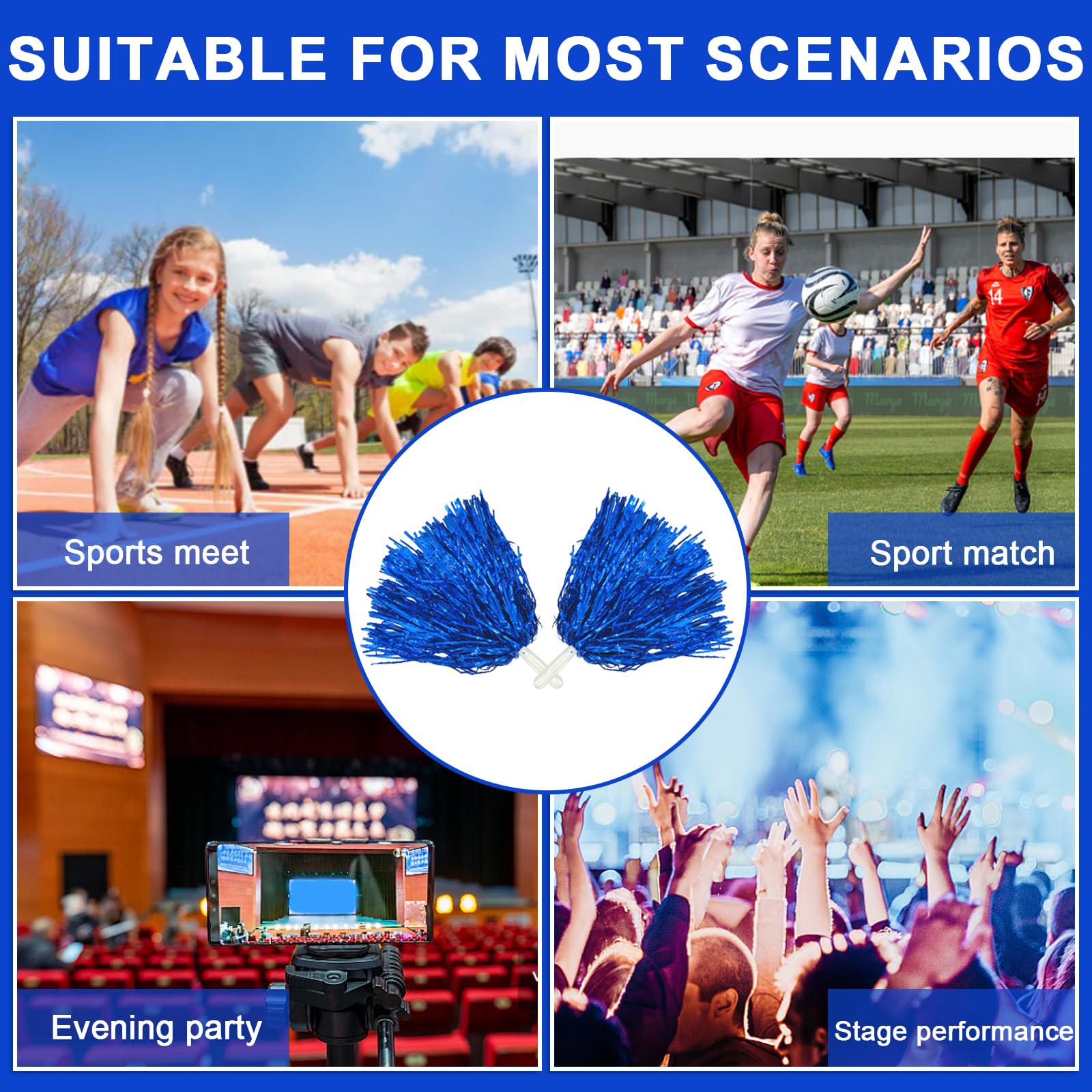 Pompones de Animadora Deportivos Azul 12 Piezas para Eventos Deportivos, Juegos de Pelota, Bailes y Fiestas