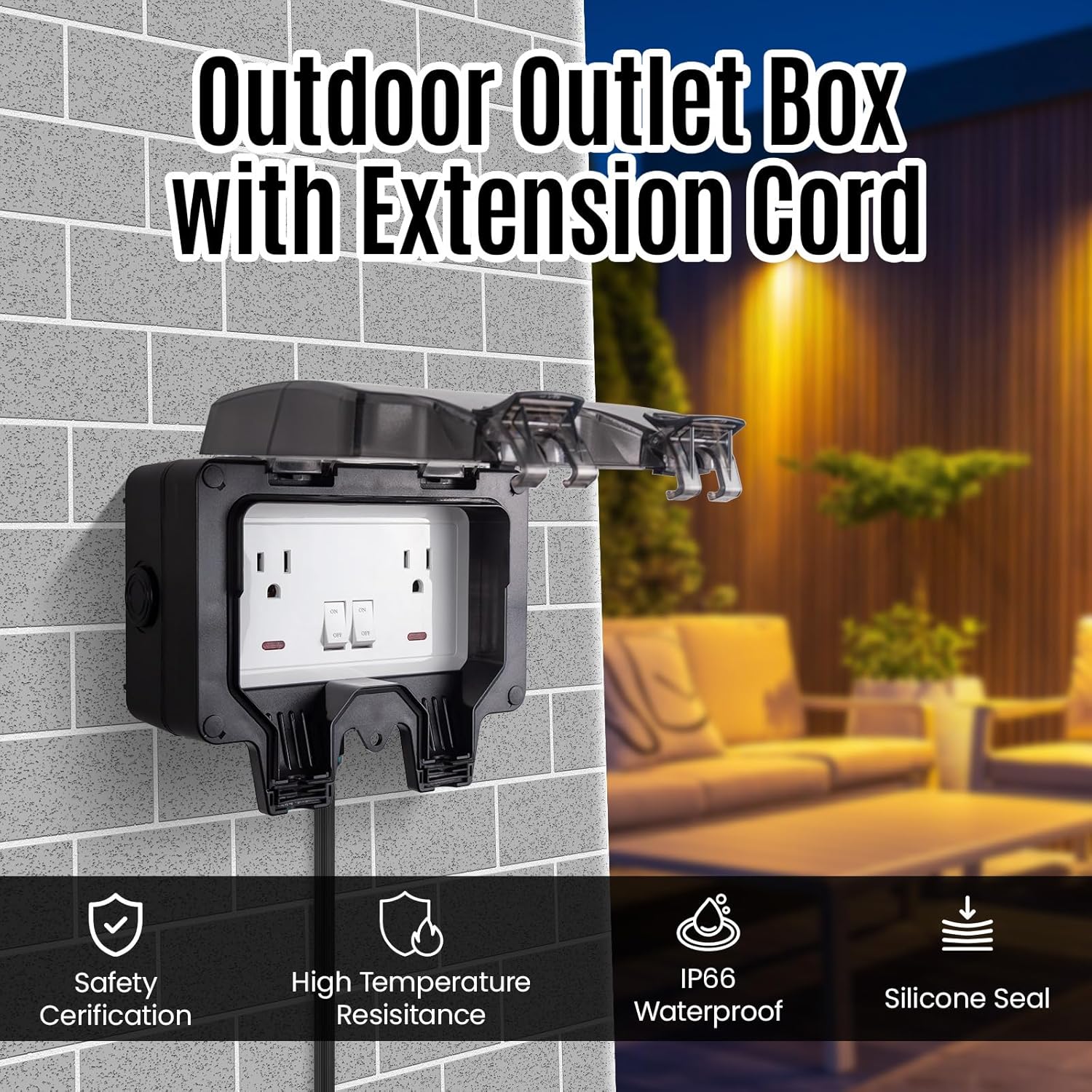 Outdoor Power Outlet 15A 110V with 10/20/33ft Extension Cord IP66 Waterproof Outdoor Outlet Extender for Garden Garage Patio (33FT Black)