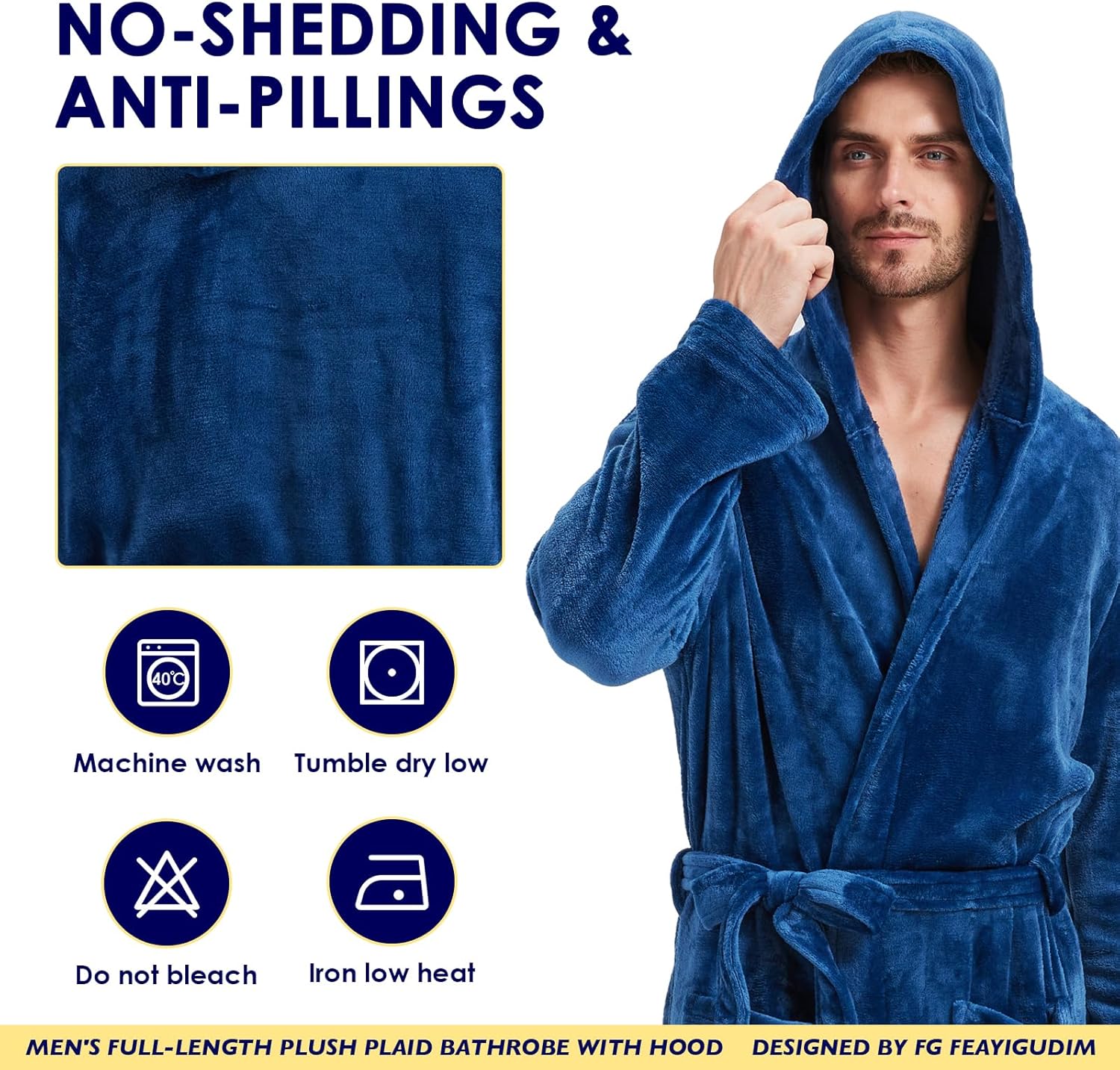 Cozy Plush Fleece Robe for Men, Big and Tall Hooded Long Robe, Warm Loungewear, Shawl Collar Pocketed Bathrobe - Image 4