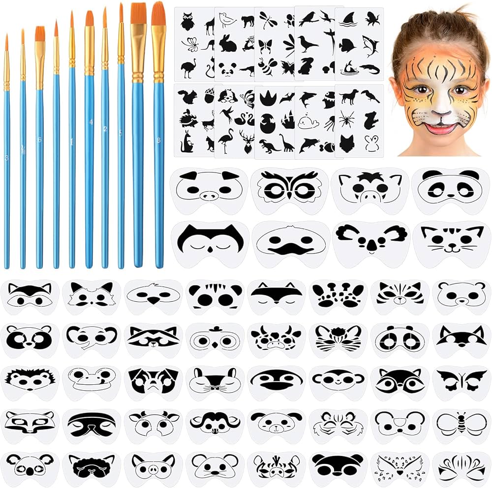 Amazon.com: Fainne 68 Pcs Face Paint Stencils Kit, 48 Face Painting Stencils 10 Stickers and 10 Painting Brushes Halloween Mask Stencils Reusable Makeup Templates for DIY Drawing Art(Animal Style) : Arts, Crafts & Sewing