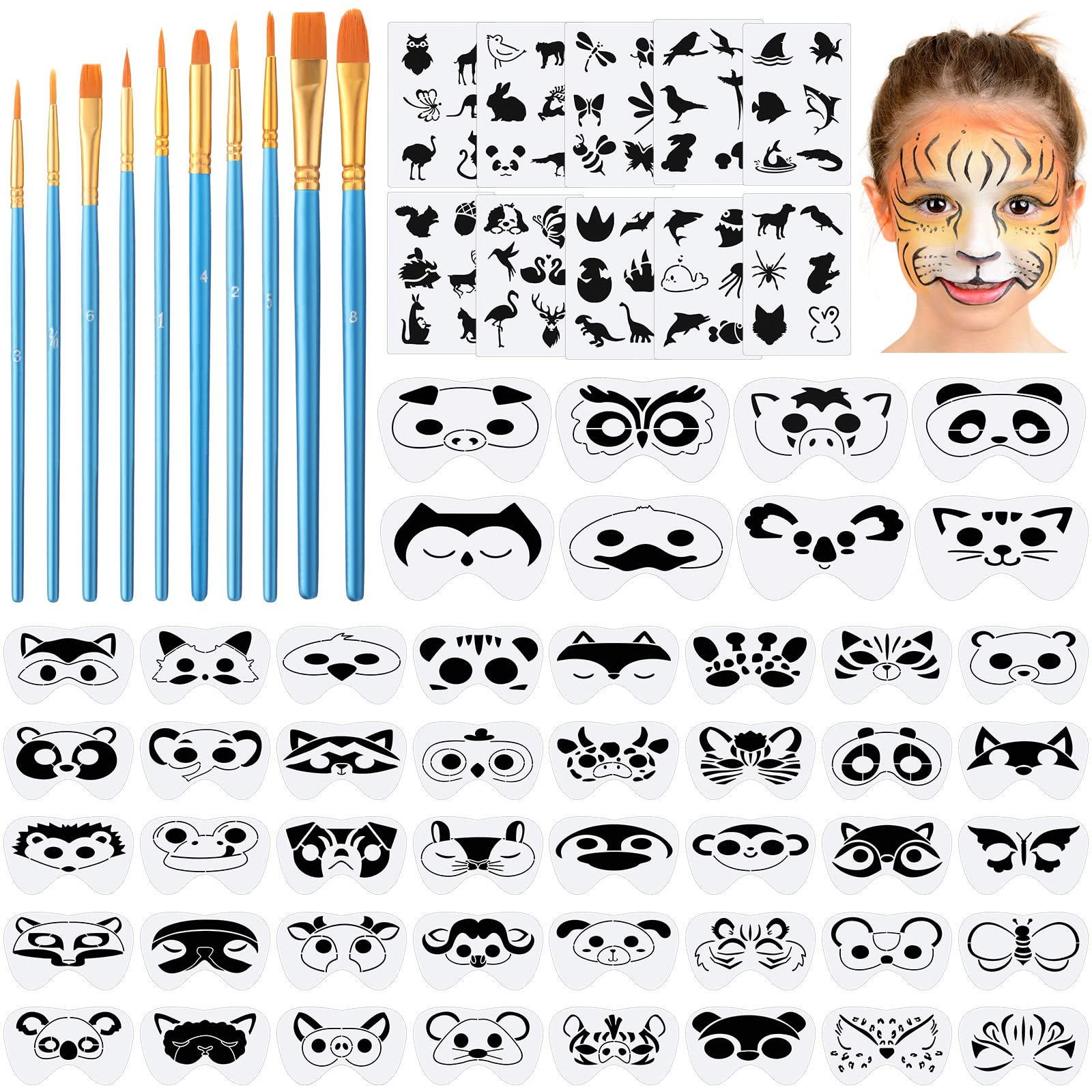 Amazon.com: Fainne 68 Pcs Face Paint Stencils Kit, 48 Face Painting Stencils 10 Stickers and 10 Painting Brushes Halloween Mask Stencils Reusable Makeup Templates for DIY Drawing Art(Animal Style) : Arts, Crafts & Sewing