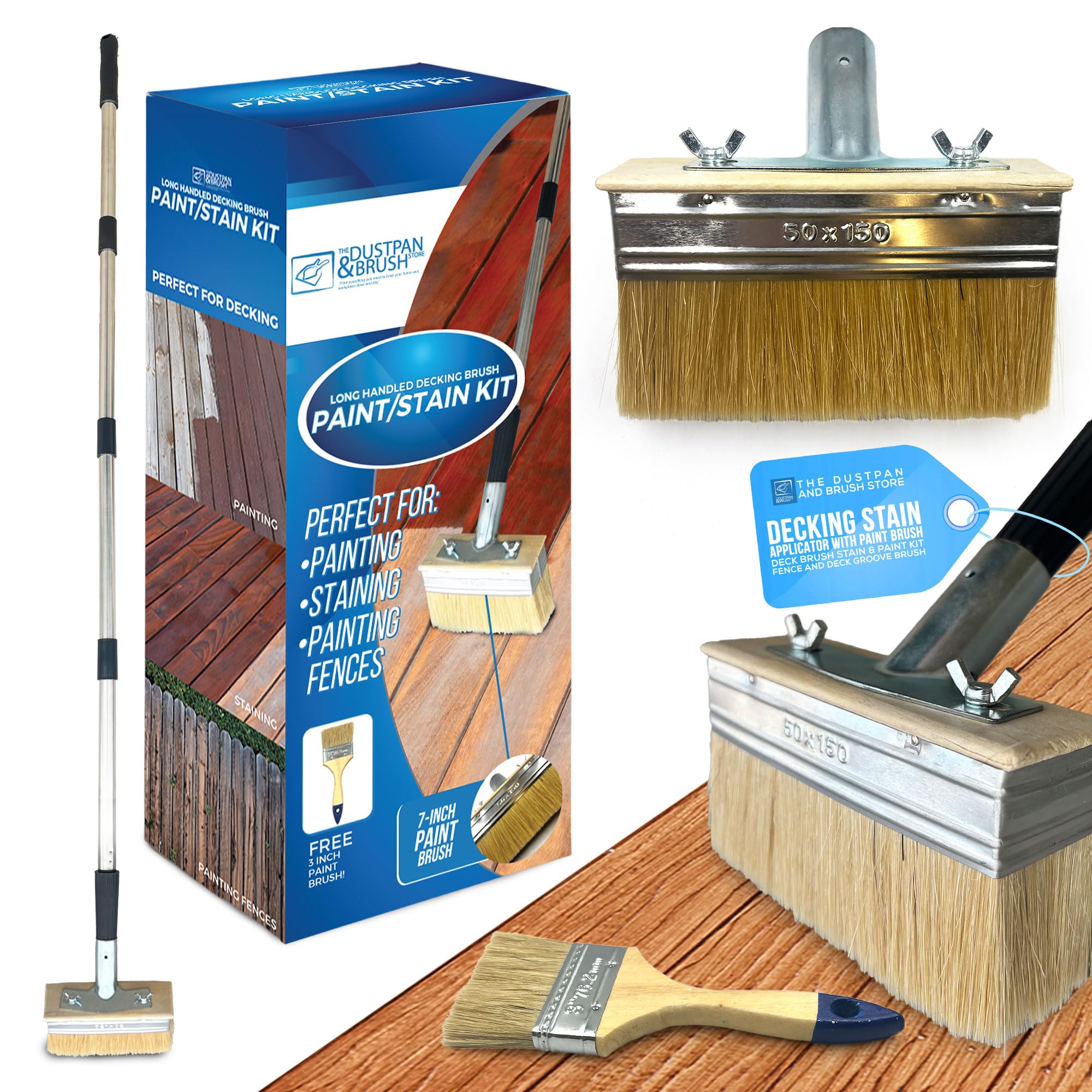 Decking Stain Brush Kit with Metal Handle for Decking Paint Stain Application with Extra Decking Brush Head and 3" Paint Brush