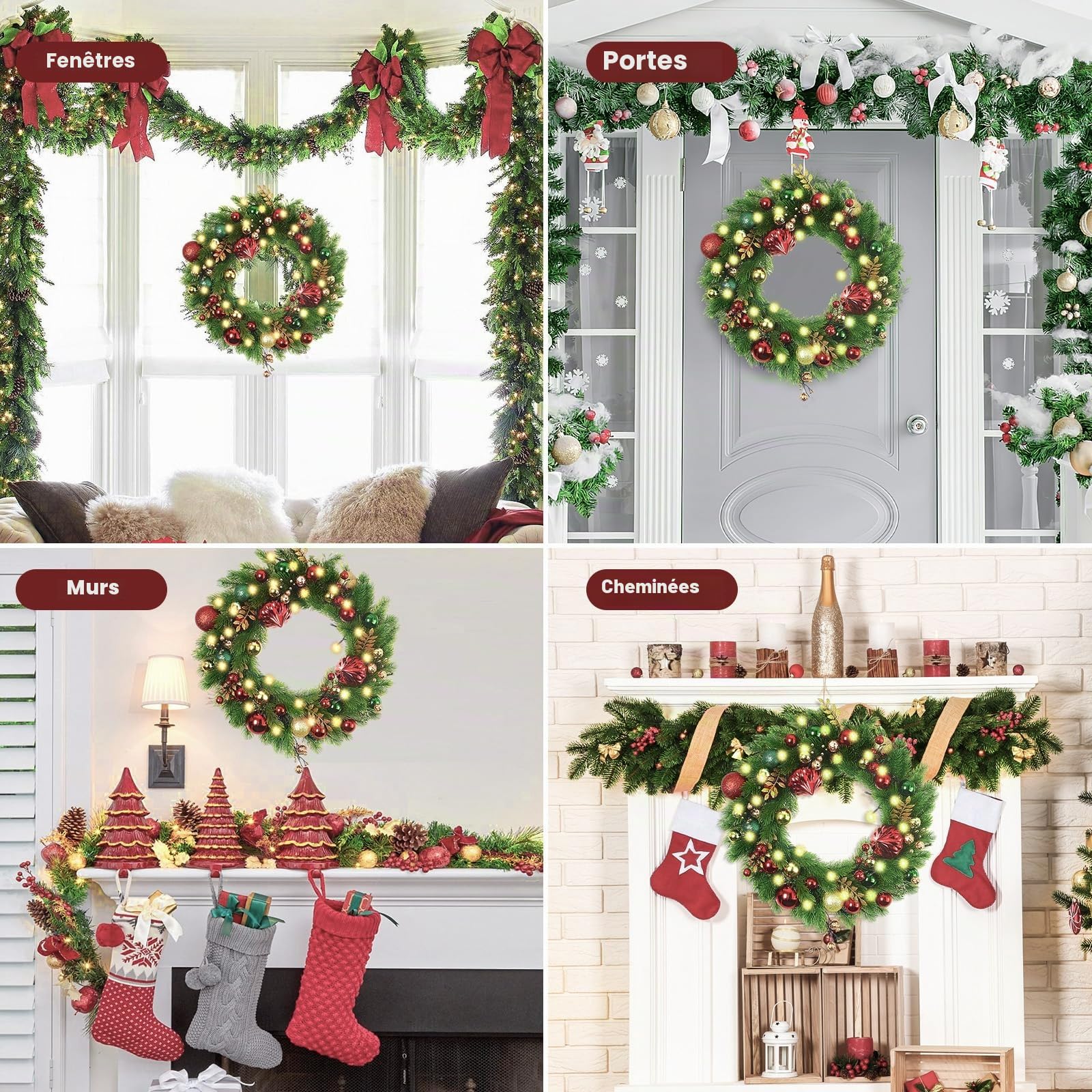 40cm Couronne De Noel Lumineuse, Couronne Porte Noel, 8 Modes Et Minuterie, Convient pour Portails, Cheminées, Porches, avec des Flocons De Neige Et des Pignons De Pin (Lumières LED Incluses)