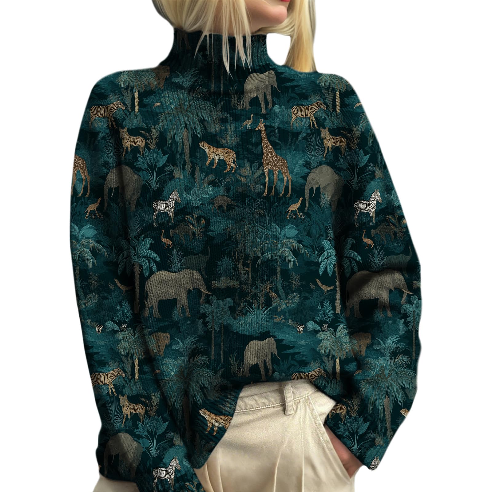 Floral Sweater for Women Trendy Fall Fashion Knit Sweaters High Neck Long Sleeve Sweaters Knit Top