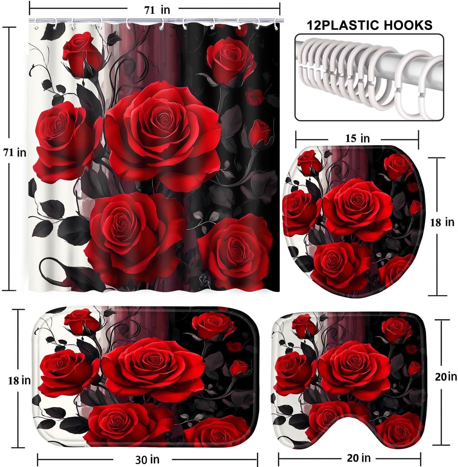 Poedist 4 Pcs Bathroom Shower Curtain Set,Red Black Rose Bathroom Set, Shower Curtain Sets with Rugs(Bath Mat,U Shape and Toilet Lid Cover Mat) and 12 Hooks