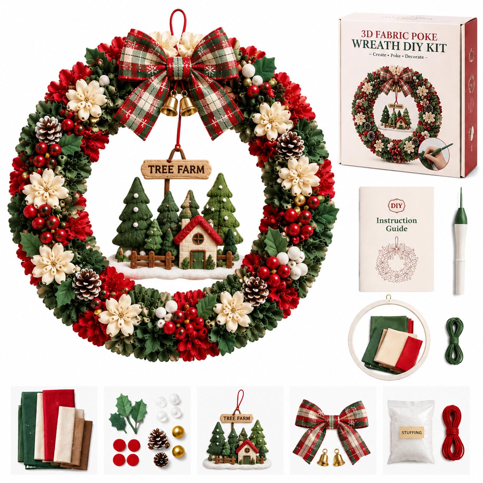 3D Fabric Poke Wreath DIY Kit - 3D Fabric Poke Art Kit Christmas Wreath (O)