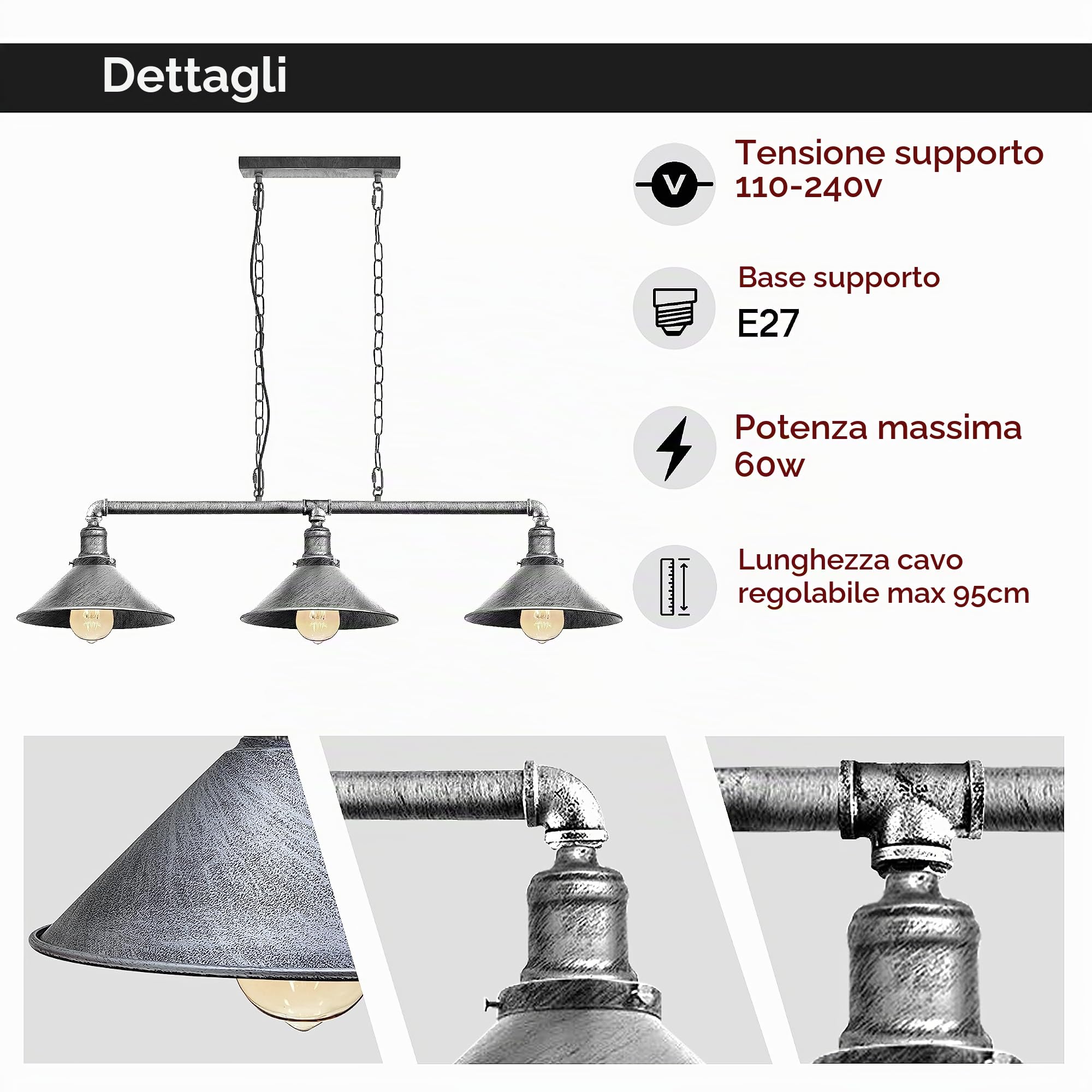 LEDSone Barra luminosa a 3 vie in stile vintage vintage stile steampunk con paralume lampada a sospensione lampada da soffitto in metallo (Brushed Silver)