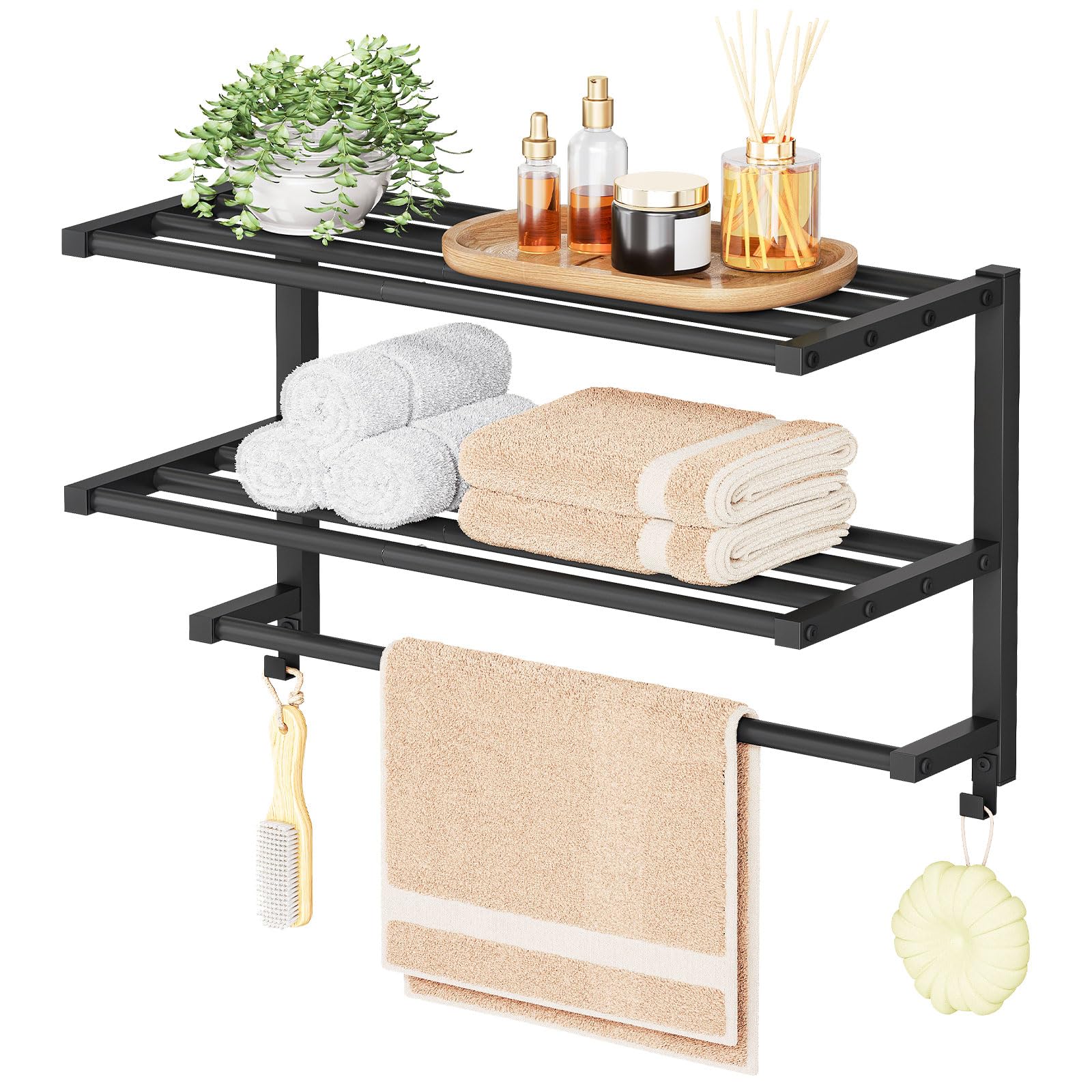 Toallero de Pared de 3 Niveles con Ganchos, Estante Metálico de Baño, para Toallas y Objetos de Aseo, 60,5 x 21,5 x 38,5 cm, Negro EBK08LB01