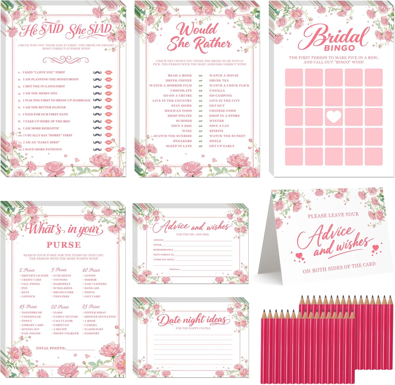 bridal shower games-heavy cardstock,5 fun activities for 32 guests, includes bingo,he said she said, would she rather,whats in your purse,advice and wishes for the mr and mrs(floral)